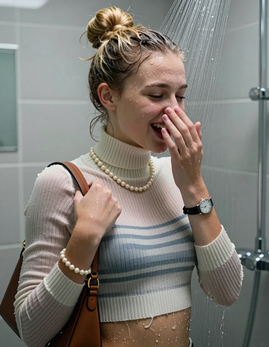 photo of young woman, in soaking wet, drenched clothes,
, ,  tight striped knit turtleneck sweater belly free, handbag, pearl necklace, bracelet, wristwatch, Under the shower, strong jet of water, modern mirrored bathroom, 
enjoying, wet clothes stuck to body,
detailed textures of the wet clothes, wet face, wet plastered hair,
wet, drenched, professional, high-quality details, full body view.
sharp focus, ultra-high pixel detail, realistic, high-quality, full colors, incredibly detailed, 4k, 8k, 16k, hyper-realistic, RAW photo, masterpiece, ultra-detailed, professionally color graded, professional photograph, Blonde Topknot

15 years old  teenage girl

Only head and shoulders are over the surface visible. Open mouth, half closed eyes. Looking slightly away. Cover her mouth and nose with a hand.

she is completely underwater up to her neck, shy and awkward but she giggles anyways.

her submerged clothes are hardly vusible under water, she soaked her handbag into the water

close up view, wet skin, wet clothes, wet hair, damp fabric, water runs down the clothes, wet skin, wet clothes, damp fabric., wet skin, wet clothes, damp fabric, wet skin, wet clothes, damp fabric, wet skin, wet clothes, damp fabric, wet skin, wet clothes, damp fabric