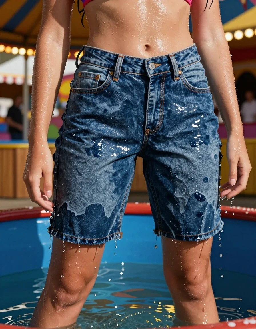 A photorealistic medium shot of a young adult European woman with wet, slicked-back hair and glistening, water-drenched skin, posing inside a carnival dunk tank. She is wearing a vibrant bikini top and soaking-wet blue denim daisy duke shorts; the shorts are water-saturated heavyweight denim, the blue changed to deep navy and indigo, with substantially darker unevenly soaked patches, absorbed water, heavy wet folds, visible weave and stitching, and strong glossy specular reflections on the raised weave, seams, and creases. She is barefoot, standing in shallow water, with water droplets and sheen covering her body. The background features a blurred carnival midway with colorful lights and a wooden dunk tank structure. High-contrast lighting, sharp focus on the textures of the wet denim and skin, 8k resolution, cinematic photography, hyper-realistic water effects.