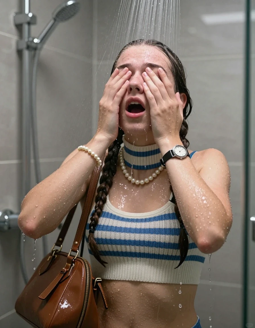 photo of young woman, in soaking wet, drenched clothes,
, , Striped knit turtleneck sweater belly free, handbag, pearl necklace, bracelet, wristwatch, Under the shower, strong jet of water, modern mirrored bathroom, 
enjoying, wet clothes stuck to body,
detailed textures of the wet clothes, wet face, wet plastered hair,
wet, drenched, professional, high-quality details, full body view.
sharp focus, ultra-high pixel detail, realistic, high-quality, full colors, incredibly detailed, 4k, 8k, 16k, hyper-realistic, RAW photo, masterpiece, ultra-detailed, professionally color graded, professional photograph, Sleek Boxer braids 

15 years old  teenage girl

Only head and shoulders are over the surface visible. Open mouth, closed eyes. Looking up. Hold her hands over her face.

she is completely underwater up to her neck, afraid and astonished expression. 

her submerged clothes are hardly vusible under water, she soaked her handbag into the water

close up view, wet skin, wet clothes, wet hair, damp fabric, water runs down the clothes, wet skin, wet clothes., wet skin, wet clothes, damp fabric
