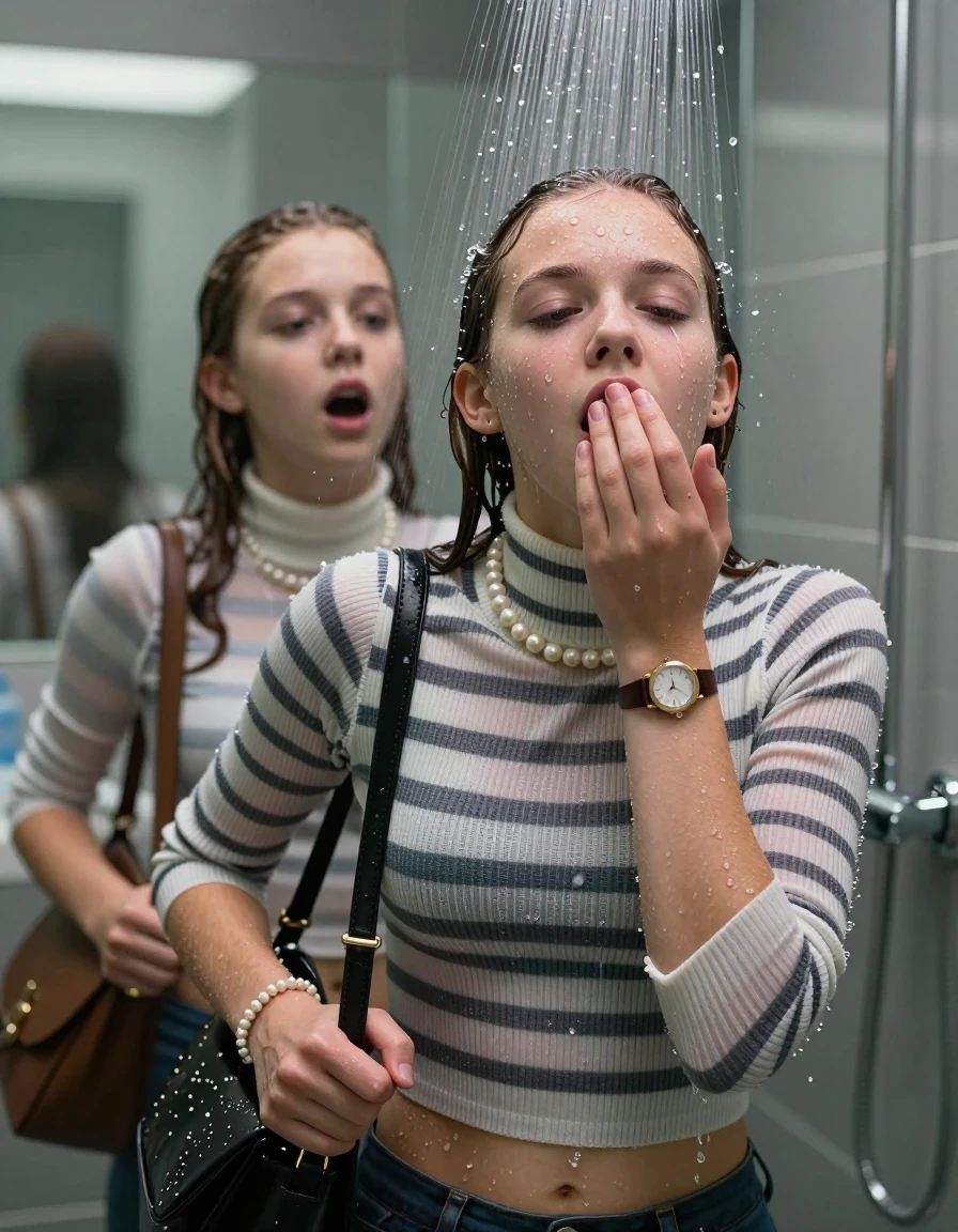 photo of young woman, in soaking wet, drenched clothes,
, , Tight Striped knit turtleneck sweater belly free, handbag, pearl necklace, bracelet, wristwatch, Under the shower, strong jet of water, modern mirrored bathroom, 
enjoying, wet clothes stuck to body,
detailed textures of the wet clothes, wet face, wet plastered hair,
wet, drenched, professional, high-quality details, full body view.
sharp focus, ultra-high pixel detail, realistic, high-quality, full colors, incredibly detailed, 4k, 8k, 16k, hyper-realistic, RAW photo, masterpiece, ultra-detailed, professionally color graded, professional photograph, Topknot

Two 15 years old  teenage girl

Only head and shoulders are over the surface visible. Open mouth, closed eyes. Looking up. Hold a hand on her mouth.

she is completely underwater up to her neck, afraid and astonished expression. 

her submerged clothes are hardly vusible under water, she soaked her handbag into the water

close up view, wet skin, wet clothes, wet hair, damp fabric, water runs down the clothes, wet skin, wet clothes, damp fabric., wet skin, wet clothes, damp fabric, wet skin, wet clothes, damp fabric, wet skin, wet clothes, damp fabric, wet skin, wet clothes, damp fabric, wet skin, wet clothes, damp fabric, wet skin, wet clothes, damp fabric, wet skin, wet clothes, damp fabric