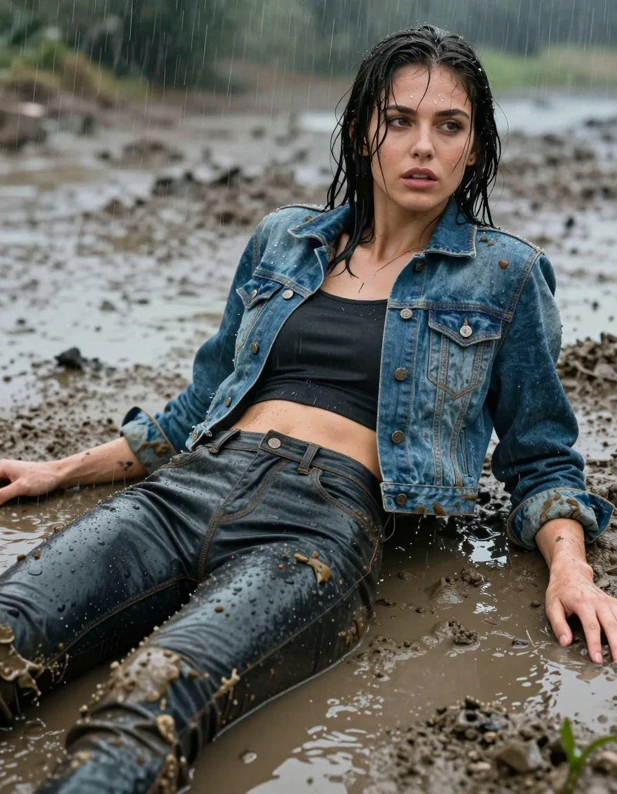 photo of young woman, in soaking wet, drenched clothes,
Leatherjeans, Short Denim jacket, Deep Mud run fun lying strong rainn, 
enjoying, wet clothes stuck to body,
detailed textures of the wet clothes, wet face, wet plastered hair,
wet, drenched, professional, high-quality details, full body view.
sharp focus, ultra-high pixel detail, realistic, high-quality, full colors, incredibly detailed, 4k, 8k, 16k, hyper-realistic, RAW photo, masterpiece, ultra-detailed, professionally color graded, professional photograph, wet skin, wet clothes, damp fabric