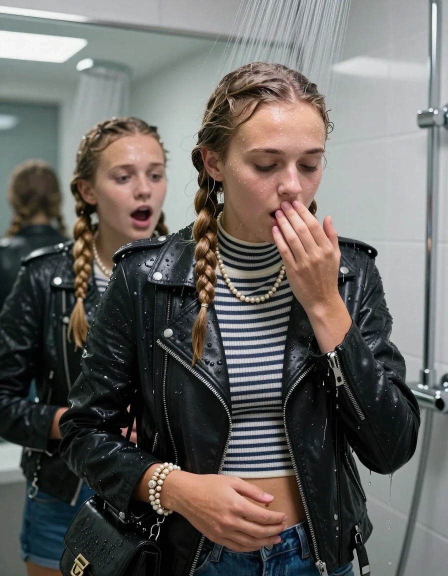 photo of young woman, in soaking wet, drenched clothes,
, , Biker leatherjacket, Tight Striped knit turtleneck sweater belly free, handbag, pearl necklace, bracelet, wristwatch, Under the shower, strong jet of water, modern mirrored bathroom, 
enjoying, wet clothes stuck to body,
detailed textures of the wet clothes, wet face, wet plastered hair,
wet, drenched, professional, high-quality details, full body view.
sharp focus, ultra-high pixel detail, realistic, high-quality, full colors, incredibly detailed, 4k, 8k, 16k, hyper-realistic, RAW photo, masterpiece, ultra-detailed, professionally color graded, professional photograph, Blonde boxer braids

Two 15 years old  teenage girl

Only head and shoulders are over the surface visible. Open mouth, closed eyes. Looking down. Hold a hand on her mouth.

she is completely underwater up to her neck, afraid and astonished expression. 

her submerged clothes are hardly vusible under water, she soaked her handbag into the water

close up view, wet skin, wet clothes, wet hair, damp fabric, water runs down the clothes, wet skin, wet clothes, damp fabric., wet skin, wet clothes, damp fabric, wet skin, wet clothes, damp fabric, wet skin, wet clothes, damp fabric, wet skin, wet clothes, damp fabric, wet skin, wet clothes, damp fabric, wet skin, wet clothes, damp fabric, wet skin, wet clothes, damp fabric, wet skin, wet clothes, damp fabric