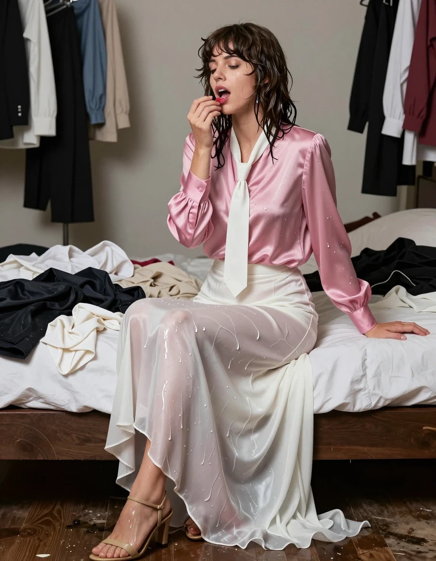 photo of young woman, in soaking wet, drenched clothes,
sandals, excessively long floor-length long silk white skirt, Beatles haired woman: oversized pink long-sleeved satin blouse with white necktie, cramped, dirty room full of expensive beautiful clothes, 
enjoying, wet clothes stuck to body,
detailed textures of the wet clothes, wet face, wet plastered hair,
wet, drenched, professional, high-quality details, full body view.
sharp focus, ultra-high pixel detail, realistic, high-quality, full colors, incredibly detailed, 4k, 8k, 16k, hyper-realistic, RAW photo, masterpiece, ultra-detailed, professionally color graded, professional photograph, lesbian submissive teacher has orgasm on her bed drenched, fully clothed, wet skin, wet clothes, damp fabric, wet skin, wet clothes, damp fabric