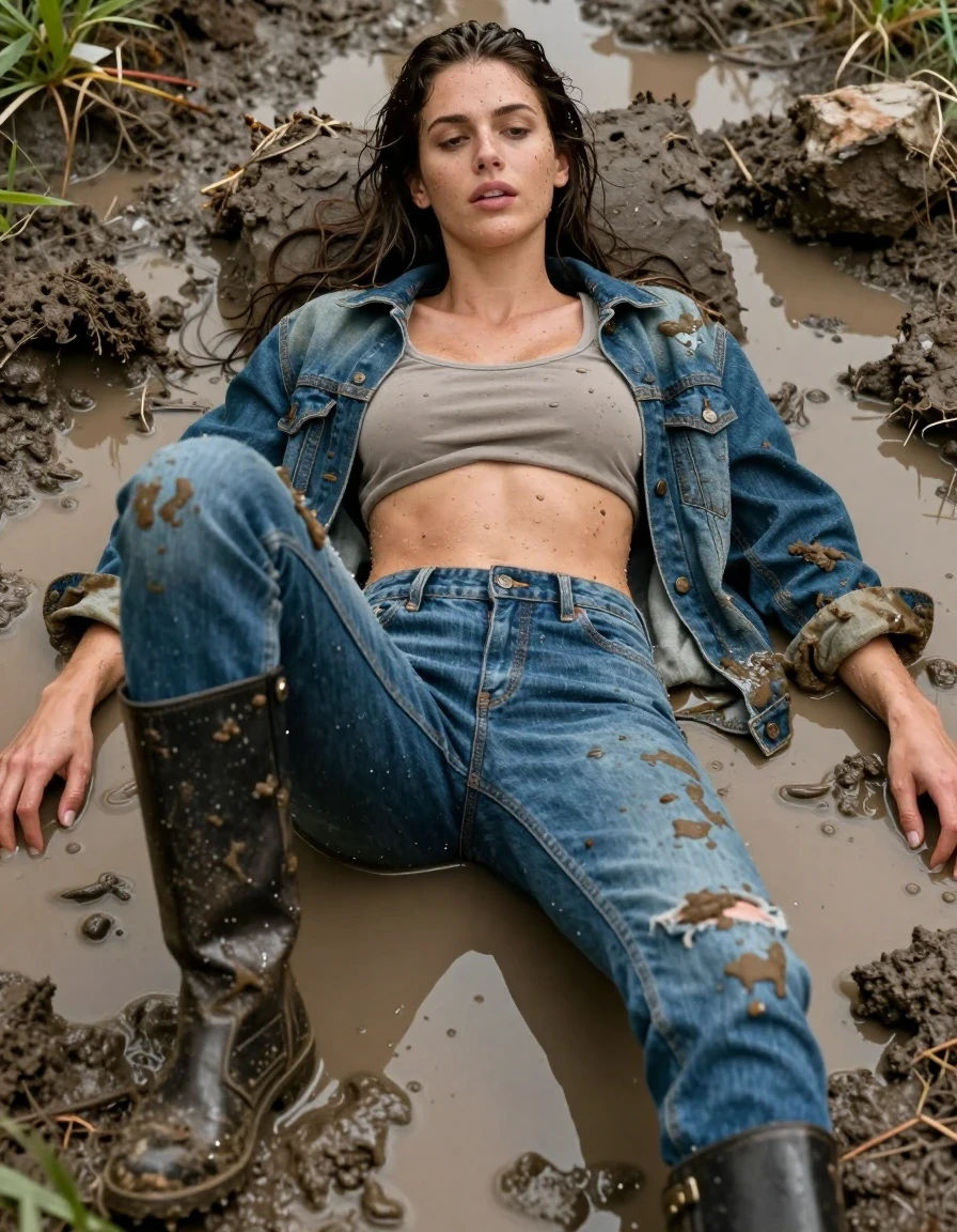 photo of young woman, in soaking wet, drenched clothes,
Boots, Levis  jeans, Levis short Open jacket, Muddy pool lying, 
enjoying, wet clothes stuck to body,
detailed textures of the wet clothes, wet face, wet plastered hair,
wet, drenched, professional, high-quality details, full body view.
sharp focus, ultra-high pixel detail, realistic, high-quality, full colors, incredibly detailed, 4k, 8k, 16k, hyper-realistic, RAW photo, masterpiece, ultra-detailed, professionally color graded, professional photograph, Lauthing muddy clothes, wet skin, wet clothes, damp fabric
