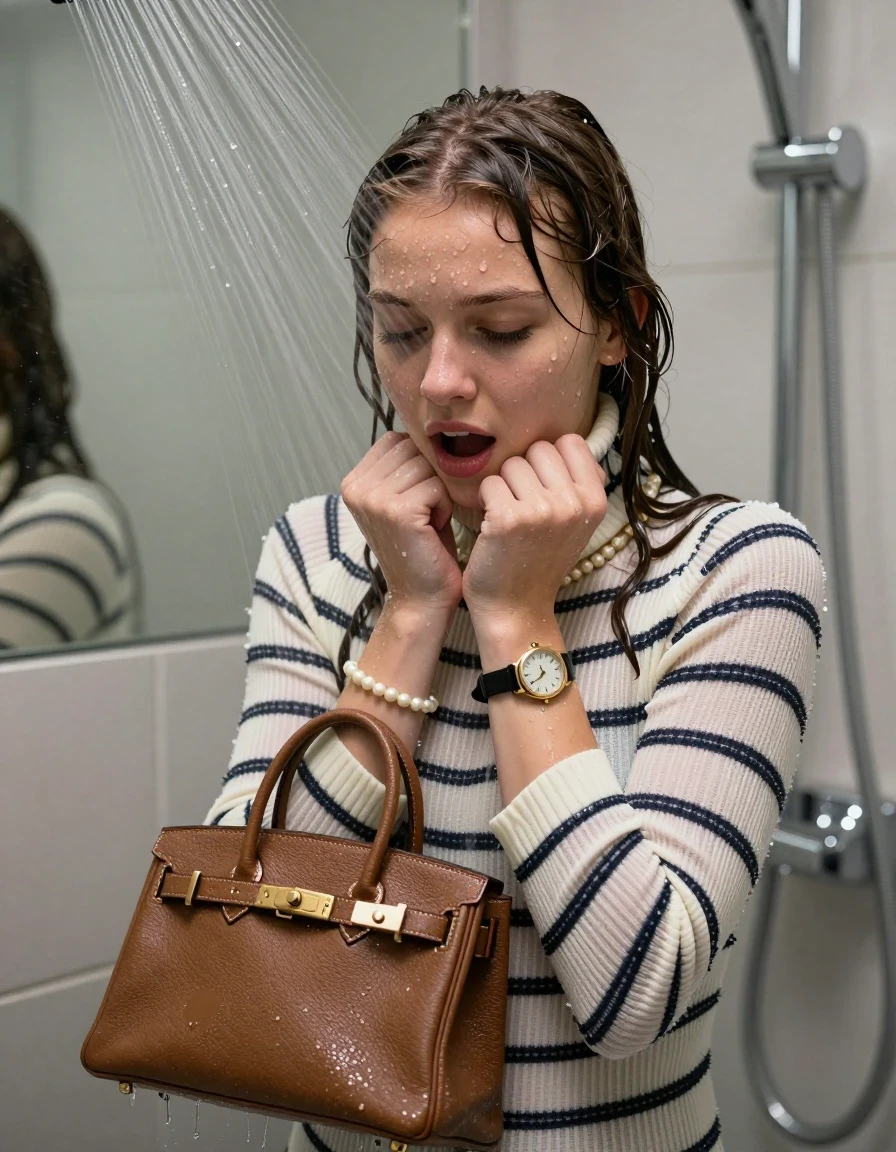 photo of young woman, in soaking wet, drenched clothes,
, ,  tight striped knit turtleneck sweater belly free, handbag, pearl necklace, bracelet, wristwatch, Under the shower, strong jet of water, modern mirrored bathroom, 
enjoying, wet clothes stuck to body,
detailed textures of the wet clothes, wet face, wet plastered hair,
wet, drenched, professional, high-quality details, full body view.
sharp focus, ultra-high pixel detail, realistic, high-quality, full colors, incredibly detailed, 4k, 8k, 16k, hyper-realistic, RAW photo, masterpiece, ultra-detailed, professionally color graded, professional photograph, Birkin bangs

15 years old  teenage girl

Only head and shoulders are over the surface visible. Open mouth, closed eyes. Looking down. Hold her hands on her chin.

she is completely underwater up to her neck, afraid and astonished expression. 

her submerged clothes are hardly vusible under water, she soaked her handbag into the water

close up view, wet skin, wet clothes, wet hair, damp fabric, water runs down the clothes, wet skin, wet clothes, damp fabric., wet skin, wet clothes, damp fabric, wet skin, wet clothes, damp fabric, wet skin, wet clothes, damp fabric, wet skin, wet clothes, damp fabric
