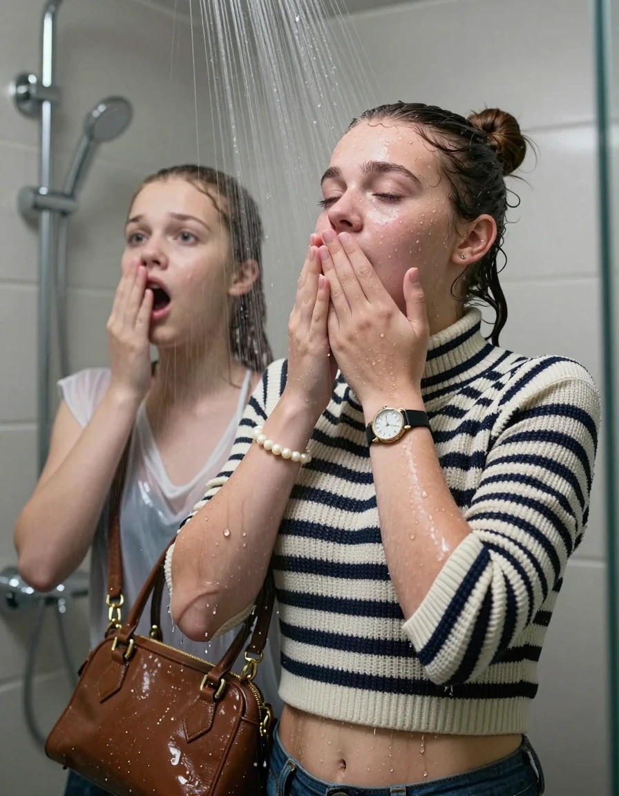 photo of young woman, in soaking wet, drenched clothes,
, , Striped knit turtleneck sweater belly free, handbag, pearl necklace, bracelet, wristwatch, Under the shower, strong jet of water, modern mirrored bathroom, 
enjoying, wet clothes stuck to body,
detailed textures of the wet clothes, wet face, wet plastered hair,
wet, drenched, professional, high-quality details, full body view.
sharp focus, ultra-high pixel detail, realistic, high-quality, full colors, incredibly detailed, 4k, 8k, 16k, hyper-realistic, RAW photo, masterpiece, ultra-detailed, professionally color graded, professional photograph, Topknot

Two 15 years old  teenage girl

Only head and shoulders are over the surface visible. Open mouth, closed eyes. Looking up. Hold a hand on her mouth.

she is completely underwater up to her neck, afraid and astonished expression. 

her submerged clothes are hardly vusible under water, she soaked her handbag into the water

close up view, wet skin, wet clothes, wet hair, damp fabric, water runs down the clothes, wet skin, wet clothes, damp fabric., wet skin, wet clothes, damp fabric, wet skin, wet clothes, damp fabric, wet skin, wet clothes, damp fabric, wet skin, wet clothes, damp fabric, wet skin, wet clothes, damp fabric, wet skin, wet clothes, damp fabric, wet skin, wet clothes, damp fabric