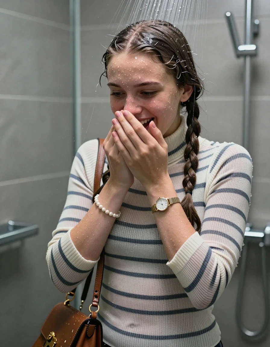 photo of young woman, in soaking wet, drenched clothes,
, ,  tight striped knit turtleneck sweater belly free, handbag, pearl necklace, bracelet, wristwatch, Under the shower, strong jet of water, modern mirrored bathroom, 
enjoying, wet clothes stuck to body,
detailed textures of the wet clothes, wet face, wet plastered hair,
wet, drenched, professional, high-quality details, full body view.
sharp focus, ultra-high pixel detail, realistic, high-quality, full colors, incredibly detailed, 4k, 8k, 16k, hyper-realistic, RAW photo, masterpiece, ultra-detailed, professionally color graded, professional photograph, Two pigtails

15 years old  teenage girl

Only head and shoulders are over the surface visible. Open mouth, big eyes. Looking down. Hold her hands over her mouth and nose.

she is completely underwater up to her neck, shy and awkward but she giggles anyways.

her submerged clothes are hardly vusible under water, she soaked her handbag into the water

close up view, wet skin, wet clothes, wet hair, damp fabric, water runs down the clothes, wet skin, wet clothes, damp fabric., wet skin, wet clothes, damp fabric, wet skin, wet clothes, damp fabric, wet skin, wet clothes, damp fabric, wet skin, wet clothes, damp fabric