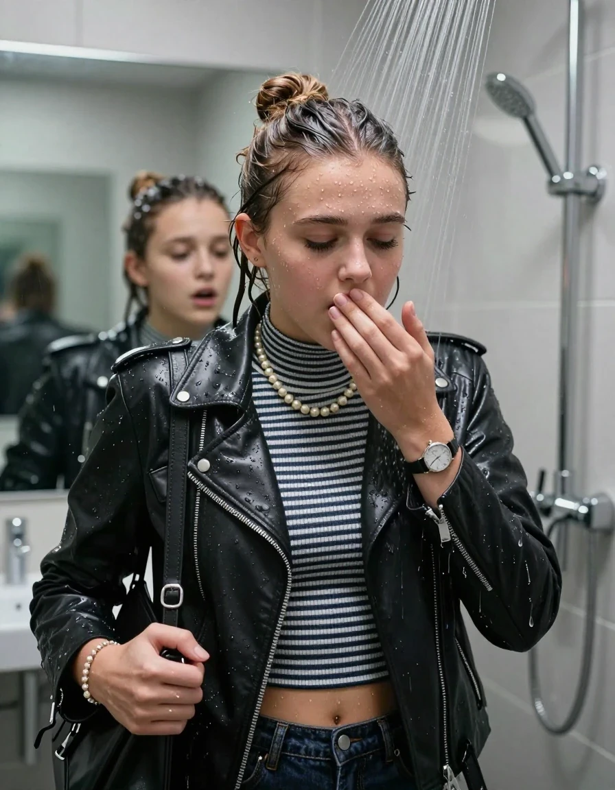 photo of young woman, in soaking wet, drenched clothes,
, , Biker leatherjacket, Tight Striped knit turtleneck sweater belly free, handbag, pearl necklace, bracelet, wristwatch, Under the shower, strong jet of water, modern mirrored bathroom, 
enjoying, wet clothes stuck to body,
detailed textures of the wet clothes, wet face, wet plastered hair,
wet, drenched, professional, high-quality details, full body view.
sharp focus, ultra-high pixel detail, realistic, high-quality, full colors, incredibly detailed, 4k, 8k, 16k, hyper-realistic, RAW photo, masterpiece, ultra-detailed, professionally color graded, professional photograph, Topknot

Two 15 years old  teenage girl

Only head and shoulders are over the surface visible. Open mouth, closed eyes. Looking down. Hold a hand on her mouth.

she is completely underwater up to her neck, afraid and astonished expression. 

her submerged clothes are hardly vusible under water, she soaked her handbag into the water

close up view, wet skin, wet clothes, wet hair, damp fabric, water runs down the clothes, wet skin, wet clothes, damp fabric., wet skin, wet clothes, damp fabric, wet skin, wet clothes, damp fabric, wet skin, wet clothes, damp fabric, wet skin, wet clothes, damp fabric, wet skin, wet clothes, damp fabric, wet skin, wet clothes, damp fabric, wet skin, wet clothes, damp fabric, wet skin, wet clothes, damp fabric