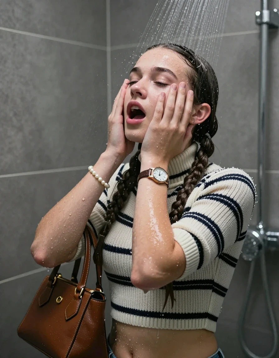photo of young woman, in soaking wet, drenched clothes,
, , Striped knit turtleneck sweater belly free, handbag, pearl necklace, bracelet, wristwatch, Under the shower, strong jet of water, modern mirrored bathroom, 
enjoying, wet clothes stuck to body,
detailed textures of the wet clothes, wet face, wet plastered hair,
wet, drenched, professional, high-quality details, full body view.
sharp focus, ultra-high pixel detail, realistic, high-quality, full colors, incredibly detailed, 4k, 8k, 16k, hyper-realistic, RAW photo, masterpiece, ultra-detailed, professionally color graded, professional photograph, Sleek Boxer braids 

15 years old  teenage girl

Only head and shoulders are over the surface visible. Open mouth, closed eyes. Looking up. Hold her hands over her face.

she is completely underwater up to her neck, afraid and astonished expression. 

her submerged clothes are hardly vusible under water, she soaked her handbag into the water

close up view, wet skin, wet clothes, wet hair, damp fabric, water runs down the clothes, wet skin, wet clothes., wet skin, wet clothes, damp fabric