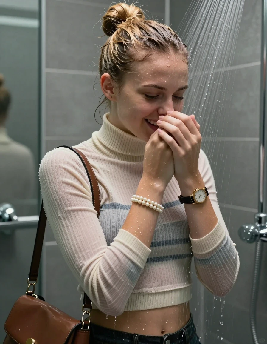photo of young woman, in soaking wet, drenched clothes,
, ,  tight striped knit turtleneck sweater belly free, handbag, pearl necklace, bracelet, wristwatch, Under the shower, strong jet of water, modern mirrored bathroom, 
enjoying, wet clothes stuck to body,
detailed textures of the wet clothes, wet face, wet plastered hair,
wet, drenched, professional, high-quality details, full body view.
sharp focus, ultra-high pixel detail, realistic, high-quality, full colors, incredibly detailed, 4k, 8k, 16k, hyper-realistic, RAW photo, masterpiece, ultra-detailed, professionally color graded, professional photograph, Blonde Topknot

15 years old  teenage girl

Only head and shoulders are over the surface visible. Open mouth, half closed eyes. Looking slightly away. Cover her mouth and nose with a hand.

she is completely underwater up to her neck, shy and awkward but she giggles anyways.

her submerged clothes are hardly vusible under water, she soaked her handbag into the water

close up view, wet skin, wet clothes, wet hair, damp fabric, water runs down the clothes, wet skin, wet clothes, damp fabric., wet skin, wet clothes, damp fabric, wet skin, wet clothes, damp fabric, wet skin, wet clothes, damp fabric, wet skin, wet clothes, damp fabric