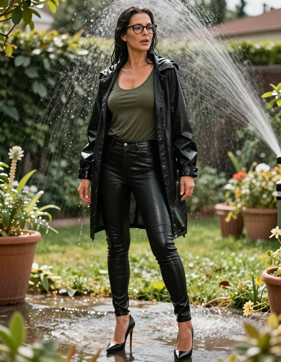 photo of young woman, in soaking wet, drenched clothes,
stlletto shoes, long black tight leather jeans, dark green top, maxi black rain nylon jacket, in sunny garden under water sprinklers, enjoying wet clothes stuck body, enjoying, wet clothes stuck to body, 
enjoying, wet clothes stuck to body,
detailed textures of the wet clothes, wet face, wet plastered hair,
wet, drenched, professional, high-quality details, full body view.
sharp focus, ultra-high pixel detail, realistic, high-quality, full colors, incredibly detailed, 4k, 8k, 16k, hyper-realistic, RAW photo, masterpiece, ultra-detailed, professionally color graded, professional photograph, europen brunette skinny woman 50 years old, long dark black hair, very big and thick lips,  office glasses, complete body, wet skin, wet clothes, damp fabric, wet skin, wet clothes, damp fabric, wet skin, wet clothes, damp fabric, wet skin, wet clothes, damp fabric, wet skin, wet clothes, damp fabric
