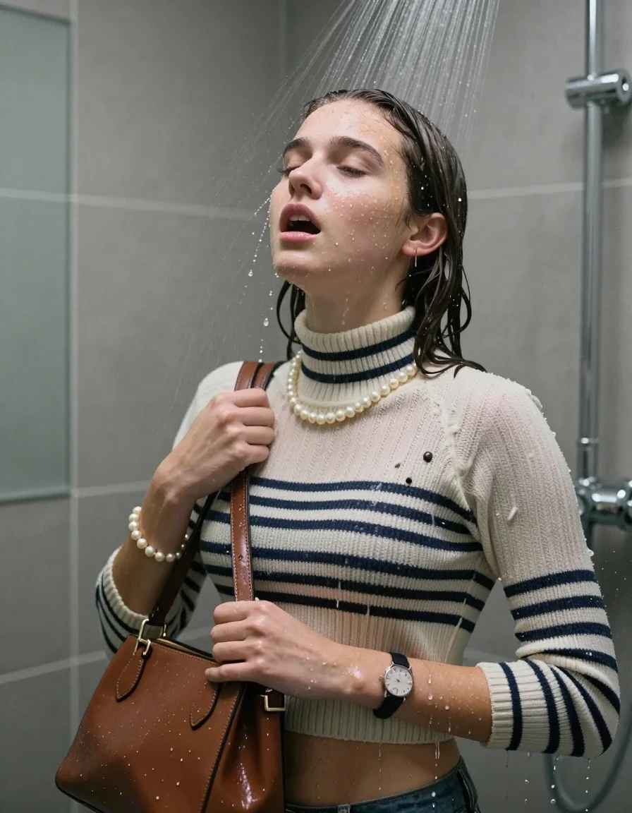 photo of young woman, in soaking wet, drenched clothes,
, , Striped knit turtleneck sweater belly free, handbag, pearl necklace, bracelet, wristwatch, Under the shower, strong jet of water, modern mirrored bathroom, 
enjoying, wet clothes stuck to body,
detailed textures of the wet clothes, wet face, wet plastered hair,
wet, drenched, professional, high-quality details, full body view.
sharp focus, ultra-high pixel detail, realistic, high-quality, full colors, incredibly detailed, 4k, 8k, 16k, hyper-realistic, RAW photo, masterpiece, ultra-detailed, professionally color graded, professional photograph, Colarbone bob

15 years old  teenage girl

Only head and shoulders are over the surface visible. Open mouth, closed eyes. Looking up. 

she is completely underwater up to her neck, afraid and astonished expression. 

her submerged clothes are hardly vusible under water, she soaked her handbag into the water

close up view, wet skin, wet clothes, wet hair, damp fabric, water runs down the clothes, wet skin, wet clothes, damp fabric., wet skin, wet clothes, damp fabric, wet skin, wet clothes, damp fabric, wet skin, wet clothes, damp fabric, wet skin, wet clothes, damp fabric, wet skin, wet clothes, damp fabric, wet skin, wet clothes, damp fabric