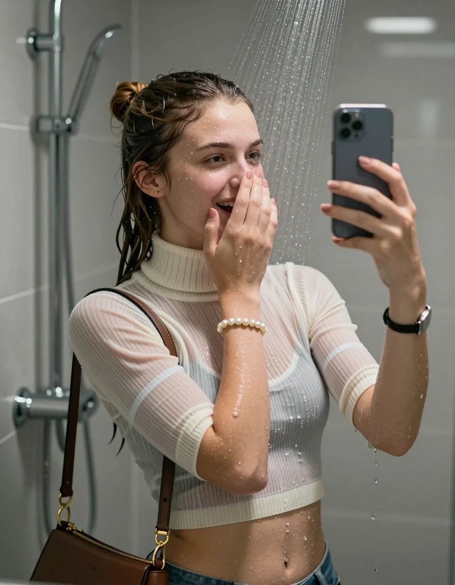 photo of young woman, in soaking wet, drenched clothes,
, ,  tight striped knit turtleneck sweater belly free, handbag, pearl necklace, bracelet, wristwatch, Under the shower, strong jet of water, modern mirrored bathroom, 
enjoying, wet clothes stuck to body,
detailed textures of the wet clothes, wet face, wet plastered hair,
wet, drenched, professional, high-quality details, full body view.
sharp focus, ultra-high pixel detail, realistic, high-quality, full colors, incredibly detailed, 4k, 8k, 16k, hyper-realistic, RAW photo, masterpiece, ultra-detailed, professionally color graded, professional photograph, Flipped high ponytail 

15 years old  teenage girl

Only head and shoulders are over the surface visible. Open mouth. Looking slightly at camera. Cover her mouth and nose with a hand. Take a Selfie with her Smartphone.

she is completely underwater up to her neck, shy and awkward but she giggles anyways.

her submerged clothes are hardly vusible under water, she soaked her handbag into the water

close up view, wet skin, wet clothes, wet hair, damp fabric, water runs down the clothes, wet skin, wet clothes, damp fabric., wet skin, wet clothes, damp fabric, wet skin, wet clothes, damp fabric, wet skin, wet clothes, damp fabric, wet skin, wet clothes, damp fabric, wet skin, wet clothes, damp fabric