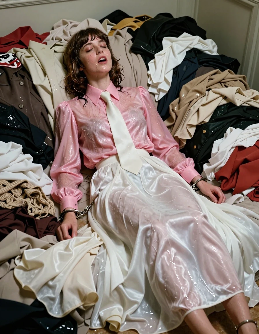 A photorealistic, high-detail capture of a young adult European woman with a 1960s Beatles-style haircut, positioned in a cramped, dirty room overflowing with piles of expensive, beautiful designer clothing. She is lying on her unmade bed, fully clothed in a soaking-wet, oversized pink long-sleeved satin blouse with a white necktie and an excessively long floor-length white silk skirt that pools heavily around her. Her skin is drenched with water, hair matted and wet, with the fabric of her blouse and skirt clinging to her body, displaying heavy wet folds, darkened fabric tones, and intense water sheen. She is wearing sandals, and her wrists are bound with metallic handcuffs. Her expression shows the peak of an orgasm, eyes closed, face flushed and damp. The environment is cluttered with luxury garments, creating a stark contrast with the grime of the room. Cinematic lighting highlights the glistening wet skin and the saturated, clinging texture of the wet silk and satin. 8k resolution, sharp focus, hyper-realistic textures, dramatic shadows, intimate composition.