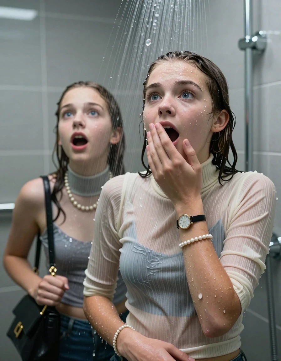 photo of young woman, in soaking wet, drenched clothes,
, , Tight Striped knit turtleneck sweater belly free, handbag, pearl necklace, bracelet, wristwatch, Under the shower, strong jet of water, modern mirrored bathroom, 
enjoying, wet clothes stuck to body,
detailed textures of the wet clothes, wet face, wet plastered hair,
wet, drenched, professional, high-quality details, full body view.
sharp focus, ultra-high pixel detail, realistic, high-quality, full colors, incredibly detailed, 4k, 8k, 16k, hyper-realistic, RAW photo, masterpiece, ultra-detailed, professionally color graded, professional photograph, Collarbone bob

Two 15 years old  teenage girl

Only head and shoulders are over the surface visible. Open mouth, big eyes. Looking up. Hold a hand on her mouth.

she is completely underwater up to her neck, afraid and astonished expression. 

her submerged clothes are hardly vusible under water, she soaked her handbag into the water

close up view, wet skin, wet clothes, wet hair, damp fabric, water runs down the clothes, wet skin, wet clothes, damp fabric., wet skin, wet clothes, damp fabric, wet skin, wet clothes, damp fabric, wet skin, wet clothes, damp fabric, wet skin, wet clothes, damp fabric, wet skin, wet clothes, damp fabric, wet skin, wet clothes, damp fabric, wet skin, wet clothes, damp fabric