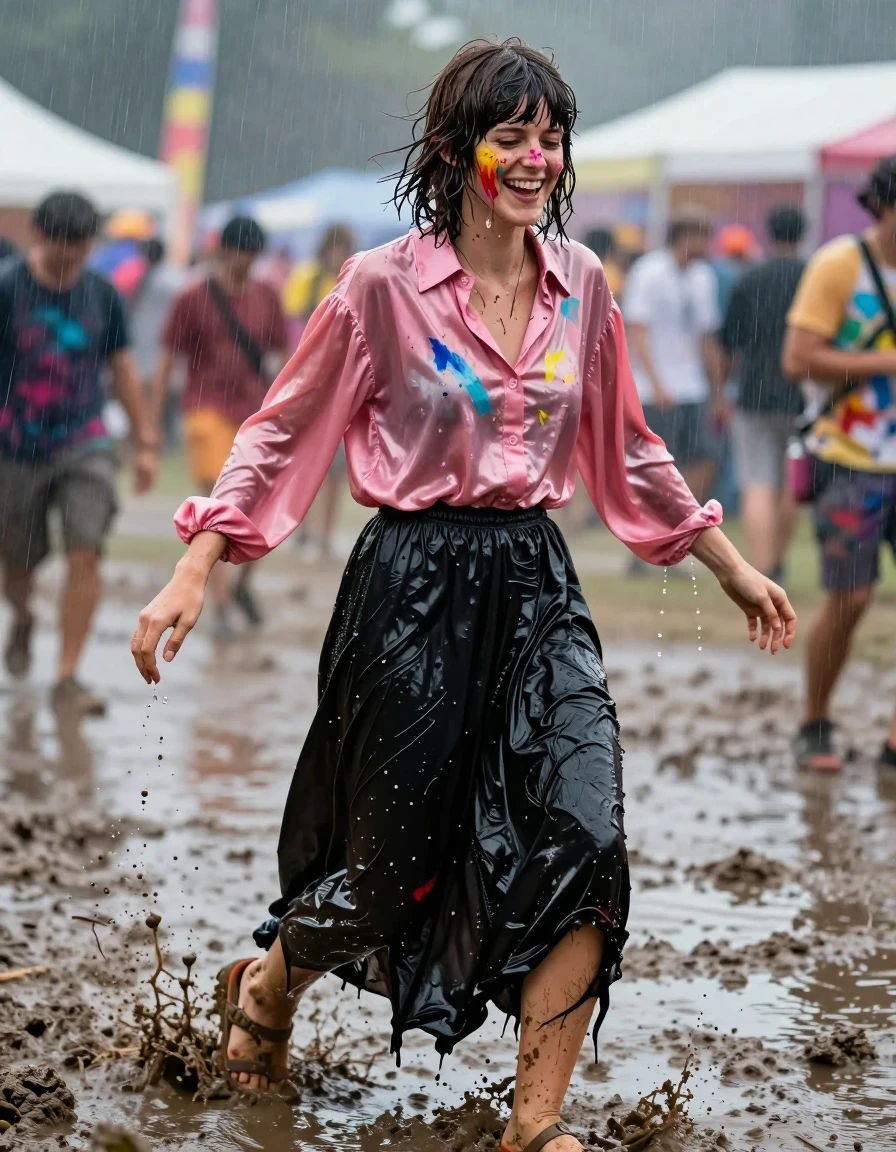 A photorealistic medium shot of a young adult European woman with a Beatles-style haircut, captured at a summer festival during a heavy downpour. She is wearing an oversized pink long-sleeved satin blouse that is soaked through, clinging to her skin with deep translucent folds and heavy water-sheen, paired with an excessively long, floor-length black cotton skirt that is heavy with water, dragging in the mud, and clinging to her legs. She is wearing simple sandals, her feet and ankles covered in mud. The woman is caught in a moment of chaotic joy, stumbling through thick, wet mud while laughing, her face and hair dripping with rainwater. She is splattered and covered in vibrant, exploding paint bombs, with colorful pigment streaks mixing with the rain and mud on her face, skin, and clothing. The scene is saturated with water, featuring wet skin reflections, dark soaked fabric textures, and visible water droplets. The background is a blurred, atmospheric festival environment with wet surfaces reflecting the overcast daylight. High-detail photography, sharp focus on the subject, 8k resolution, cinematic lighting, realistic wet-look textures.