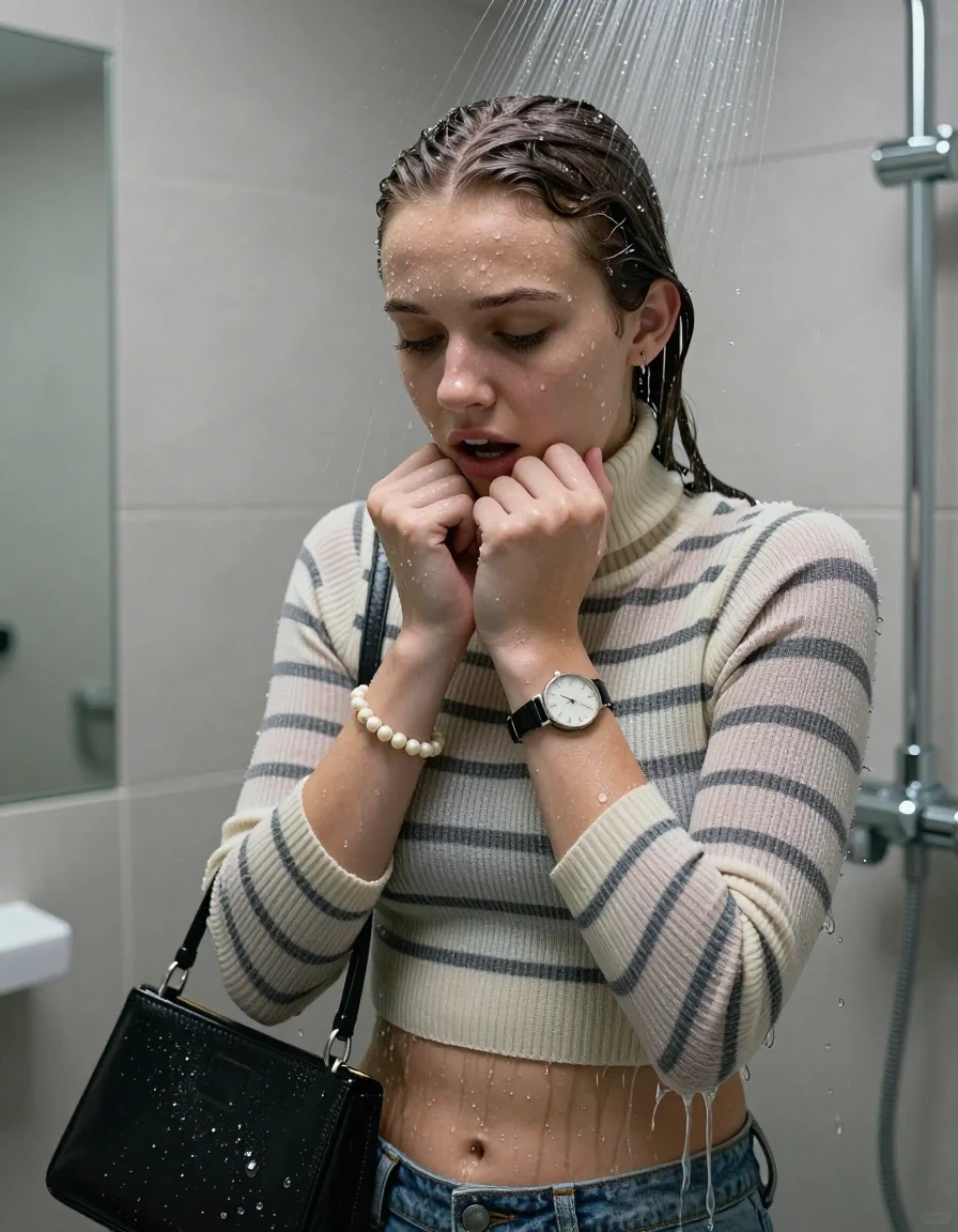 photo of young woman, in soaking wet, drenched clothes,
, ,  tight striped knit turtleneck sweater belly free, handbag, pearl necklace, bracelet, wristwatch, Under the shower, strong jet of water, modern mirrored bathroom, 
enjoying, wet clothes stuck to body,
detailed textures of the wet clothes, wet face, wet plastered hair,
wet, drenched, professional, high-quality details, full body view.
sharp focus, ultra-high pixel detail, realistic, high-quality, full colors, incredibly detailed, 4k, 8k, 16k, hyper-realistic, RAW photo, masterpiece, ultra-detailed, professionally color graded, professional photograph, Clavie cut

15 years old  teenage girl

Only head and shoulders are over the surface visible. Open mouth, closed eyes. Looking down. Hold her hands on her chin.

she is completely underwater up to her neck, afraid and astonished expression. 

her submerged clothes are hardly vusible under water, she soaked her handbag into the water

close up view, wet skin, wet clothes, wet hair, damp fabric, water runs down the clothes, wet skin, wet clothes, damp fabric., wet skin, wet clothes, damp fabric, wet skin, wet clothes, damp fabric, wet skin, wet clothes, damp fabric, wet skin, wet clothes, damp fabric