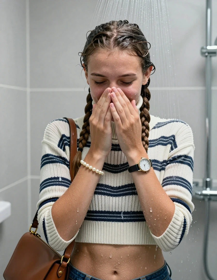 photo of young woman, in soaking wet, drenched clothes,
, , Striped knit turtleneck sweater belly free, handbag, pearl necklace, bracelet, wristwatch, Under the shower, strong jet of water, modern mirrored bathroom, 
enjoying, wet clothes stuck to body,
detailed textures of the wet clothes, wet face, wet plastered hair,
wet, drenched, professional, high-quality details, full body view.
sharp focus, ultra-high pixel detail, realistic, high-quality, full colors, incredibly detailed, 4k, 8k, 16k, hyper-realistic, RAW photo, masterpiece, ultra-detailed, professionally color graded, professional photograph, Sleek Boxer braids 

15 years old  teenage girl

Only head and shoulders are over the surface visible. Open mouth, closed eyes. Looking down. Hold her hands over her nose.

she is completely underwater up to her neck, shy and awkward but she giggles anyways. 

her submerged clothes are hardly vusible under water, she soaked her handbag into the water

close up view, wet skin, wet clothes, wet hair, damp fabric, water runs down the clothes, wet skin, wet clothes., wet skin, wet clothes, damp fabric