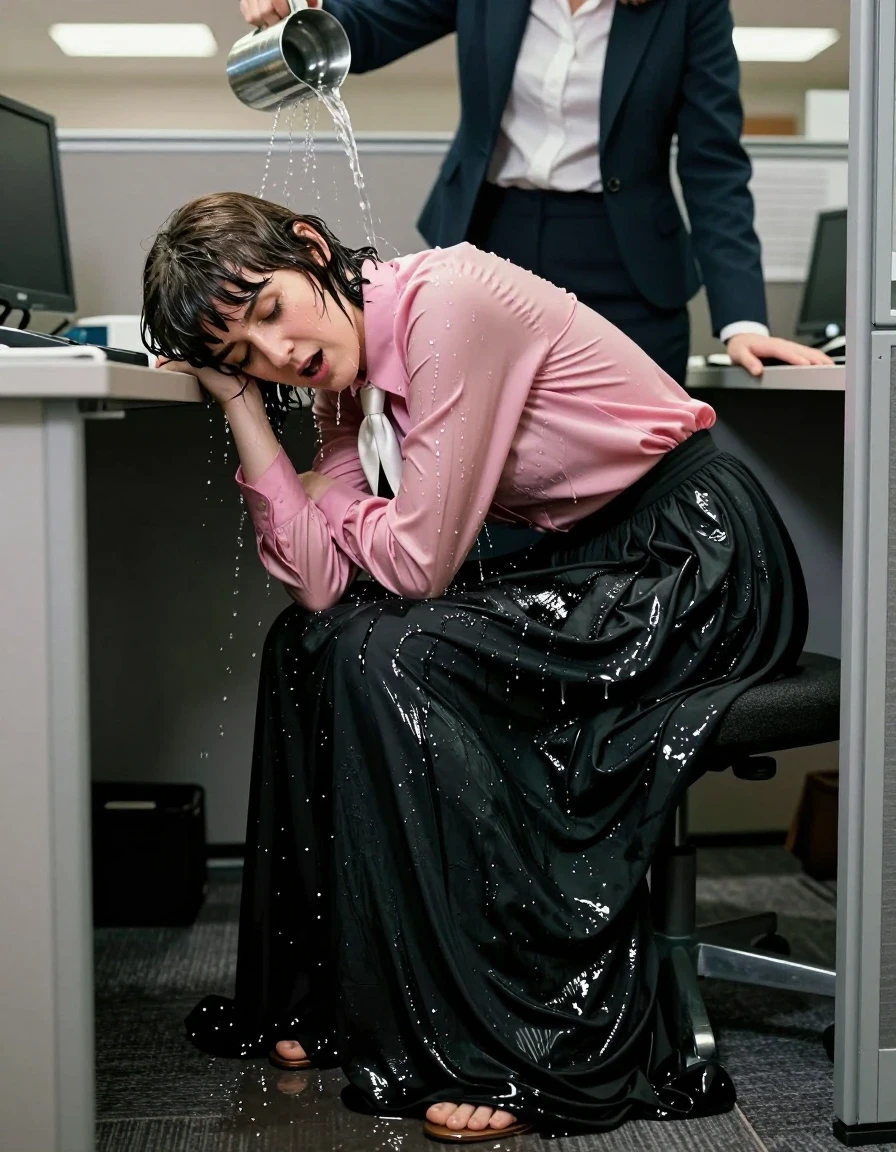 A photorealistic, high-detail cinematic shot of a young adult European woman with nerdy Beatles-style hair, captured in an intense moment of ecstasy. She is huddled under a cramped office cubicle desk, her body completely drenched. She is wearing an oversized pink long-sleeved satin blouse that is clinging to her skin, darkened and heavy with water, paired with a silk white necktie that is dripping wet. Below, she wears an excessively long, floor-length black cotton skirt that is thoroughly soaked, saturated, and clinging to her legs, with heavy, dark wet folds and visible fabric texture. Her feet in sandals are visible, with water pooling around them. Standing above her, a female boss in sharp business casual attire is pouring a stream of water directly onto her. The scene features realistic wetness: water sheen on her skin, matted wet hair, and fabrics darkened by saturation. The lighting is harsh office fluorescent, creating strong specular highlights on the wet surfaces and dripping water. The composition is a tight, intimate interior shot capturing the cramped, cluttered environment of the office cubicle from a low angle.