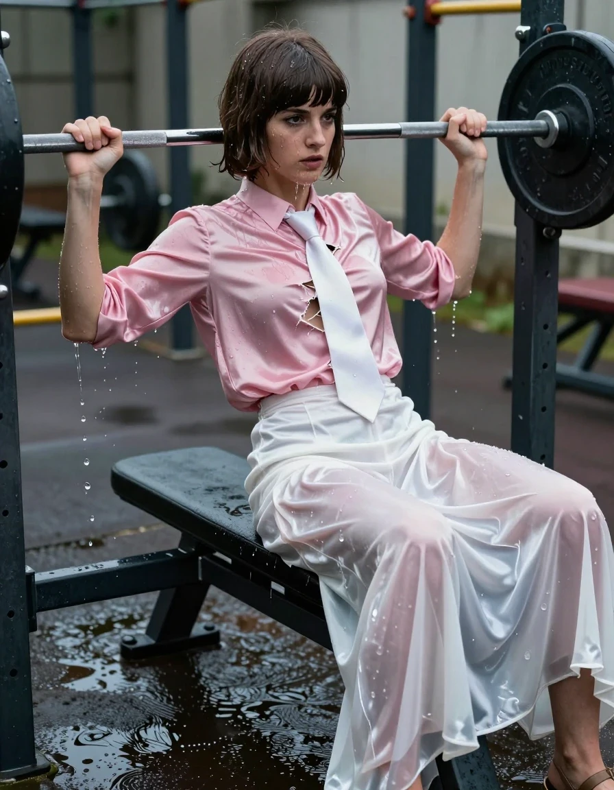 A photorealistic, high-detail shot of a young adult European woman with a Beatles-style haircut, captured in an intense moment while bench pressing at an outdoor gym. She is wearing an oversized, long-sleeved pink satin blouse with a white necktie, which is visibly tearing at the seams under the strain of her exertion, and an excessively long, floor-length white silk skirt, paired with sandals. The entire scene is drenched in water; the woman's skin and hair are slick and glistening, with water cascading down her face and limbs. Her satin blouse and silk skirt are soaking-wet, clinging heavily to her body, with the fabric darkened, translucent, and saturated, showing deep, heavy folds and a high-gloss, wet sheen. The environment is a rugged outdoor gym with heavy iron equipment, water pooling on the ground reflecting the overcast sky. The lighting is dramatic and moody, emphasizing the wet textures, the torn fabric of the blouse, and the muscular tension of the bench press. Shot with a 35mm lens, sharp focus on the fabric textures and water droplets, cinematic composition, hyper-realistic skin pores and wet hair strands.