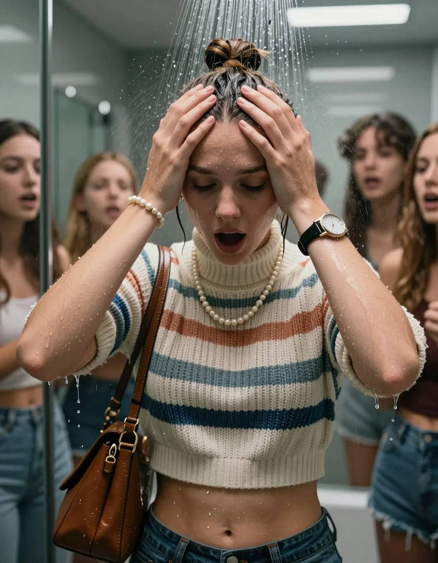 photo of young woman, in soaking wet, drenched clothes,
, , Striped knit turtleneck sweater belly free, handbag, pearl necklace, bracelet, wristwatch, Under the shower, strong jet of water, omodern mirrored bathroom, her friends watching her , 
enjoying, wet clothes stuck to body,
detailed textures of the wet clothes, wet face, wet plastered hair,
wet, drenched, professional, high-quality details, full body view.
sharp focus, ultra-high pixel detail, realistic, high-quality, full colors, incredibly detailed, 4k, 8k, 16k, hyper-realistic, RAW photo, masterpiece, ultra-detailed, professionally color graded, professional photograph, Topknot

15 years old  teenage girl

Only head and shoulders are over the surface visible. Open mouth, closed eyes. Looking down. Hold her hands on her forehead.

she is completely underwater up to her neck, afraid and astonished expression. 

her submerged clothes are hardly vusible under water, she soaked her handbag into the water

close up view, wet skin, wet clothes, wet hair, damp fabric, water runs down the clothes, wet skin, wet clothes, damp fabric., wet skin, wet clothes, damp fabric, wet skin, wet clothes, damp fabric, wet skin, wet clothes, damp fabric, wet skin, wet clothes, damp fabric, wet skin, wet clothes, damp fabric, wet skin, wet clothes, damp fabric