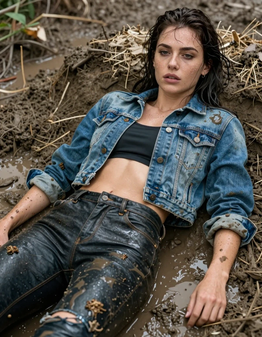 photo of young woman, in soaking wet, drenched clothes,
Leatherjeans, Short Denim jacket, Deep Mud run fun lying , 
enjoying, wet clothes stuck to body,
detailed textures of the wet clothes, wet face, wet plastered hair,
wet, drenched, professional, high-quality details, full body view.
sharp focus, ultra-high pixel detail, realistic, high-quality, full colors, incredibly detailed, 4k, 8k, 16k, hyper-realistic, RAW photo, masterpiece, ultra-detailed, professionally color graded, professional photograph, wet skin, wet clothes, damp fabric
