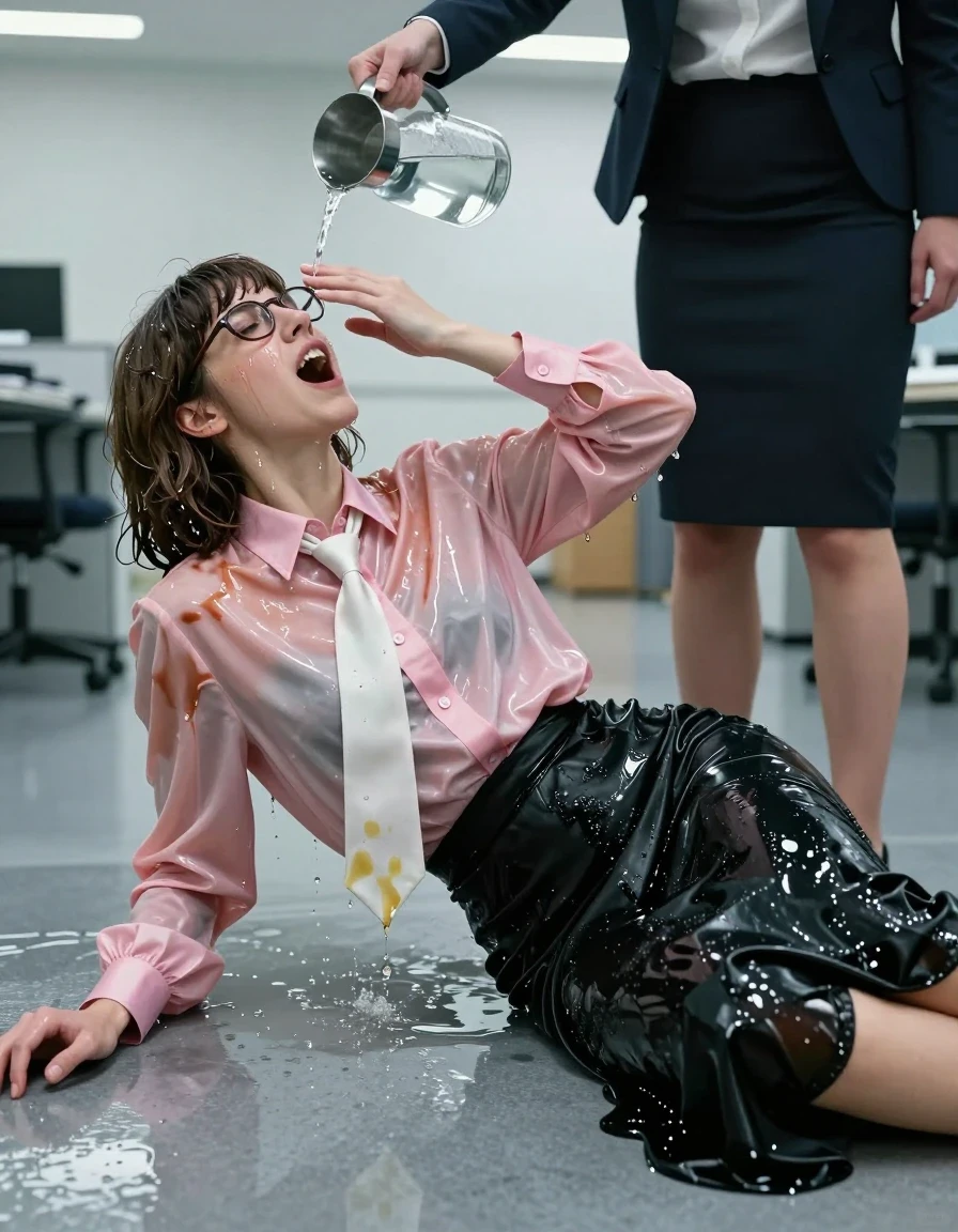 A hyper-realistic, high-detail photograph of a young adult European woman with nerdy Beatles-style hair, lying on the floor of an empty office. She is in the throes of an intense orgasm, her expression ecstatic and overwhelmed. A female boss in business casual attire stands over her, pouring a pitcher of water onto her. The subject is completely drenched; her skin is glistening with a wet sheen, and her hair is matted and dripping. She wears an oversized pink long-sleeved satin blouse that is soaked through, clinging to her skin with deep translucent wet patches and heavy fabric folds, accented by a silk white necktie that is damp and darkened by water. Her excessively long floor-length black cotton skirt is saturated, heavy with moisture, and clinging to her legs, showing dark water-logged areas. She wears sandals on her feet. The environment is a sterile, empty office with harsh overhead lighting reflecting off the wet surfaces, creating strong specular highlights on her wet skin and the damp fabric. Cinematic composition, 8k resolution, extreme detail on fabric texture and water saturation, realistic skin pores, photorealistic.