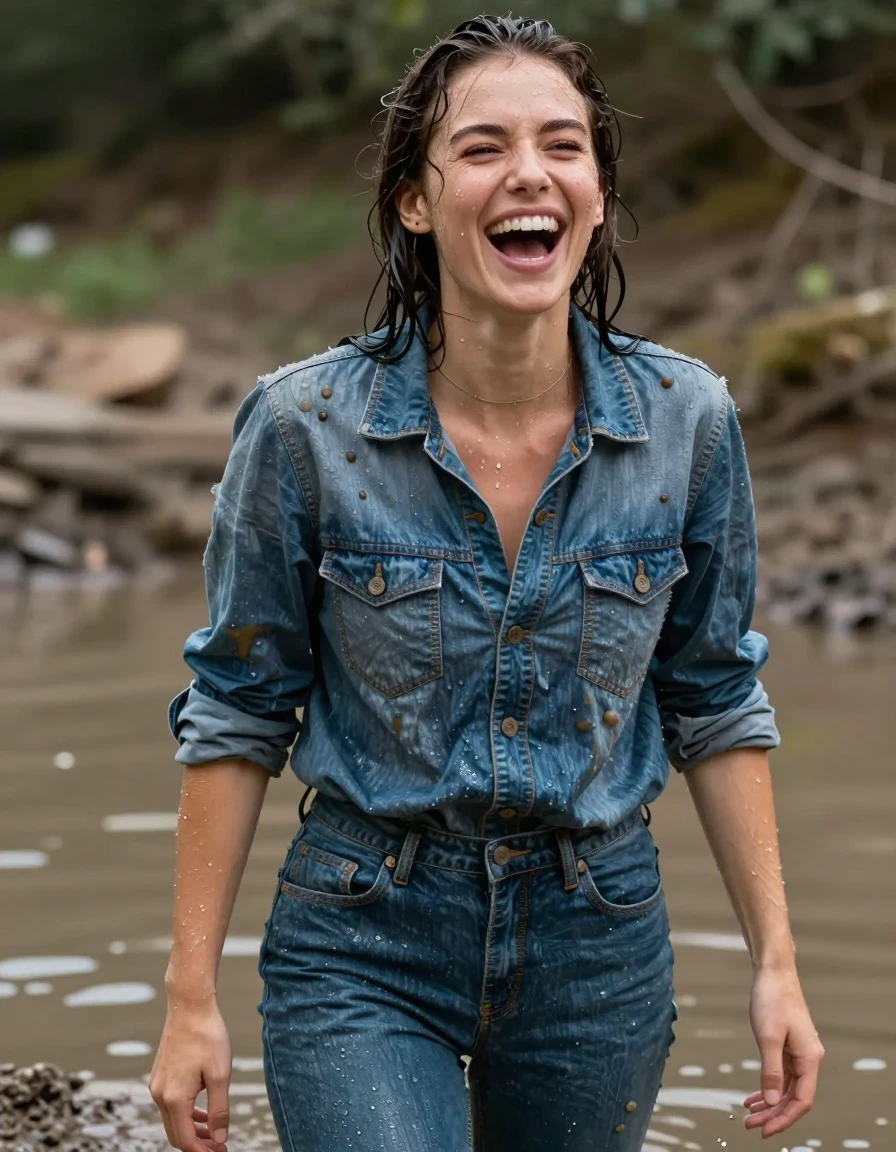 photo of young woman, in soaking wet, drenched clothes,
Levis, Levis, Muddy pool, 
enjoying, wet clothes stuck to body,
detailed textures of the wet clothes, wet face, wet plastered hair,
wet, drenched, professional, high-quality details, full body view.
sharp focus, ultra-high pixel detail, realistic, high-quality, full colors, incredibly detailed, 4k, 8k, 16k, hyper-realistic, RAW photo, masterpiece, ultra-detailed, professionally color graded, professional photograph, Lauthing, wet skin, wet clothes, damp fabric