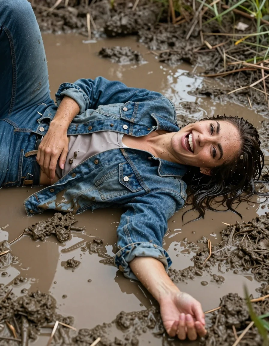 photo of young woman, in soaking wet, drenched clothes,
, jeans, Denim jacket, Muddy pool lying  side, 
enjoying, wet clothes stuck to body,
detailed textures of the wet clothes, wet face, wet plastered hair,
wet, drenched, professional, high-quality details, full body view.
sharp focus, ultra-high pixel detail, realistic, high-quality, full colors, incredibly detailed, 4k, 8k, 16k, hyper-realistic, RAW photo, masterpiece, ultra-detailed, professionally color graded, professional photograph, Lauthing muddy clothes, wet skin, wet clothes, damp fabric