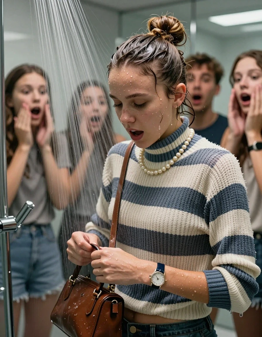 photo of young woman, in soaking wet, drenched clothes,
, , Striped knit turtleneck sweater belly free, handbag, pearl necklace, bracelet, wristwatch, Under the shower, strong jet of water, modern mirrored bathroom, her friends watching her shocked, 
enjoying, wet clothes stuck to body,
detailed textures of the wet clothes, wet face, wet plastered hair,
wet, drenched, professional, high-quality details, full body view.
sharp focus, ultra-high pixel detail, realistic, high-quality, full colors, incredibly detailed, 4k, 8k, 16k, hyper-realistic, RAW photo, masterpiece, ultra-detailed, professionally color graded, professional photograph, Topknot

15 years old  teenage girl

Only head and shoulders are over the surface visible. Open mouth, closed eyes. Looking down.

she is completely underwater up to her neck, afraid and astonished expression. 

her submerged clothes are hardly vusible under water, she soaked her handbag into the water

close up view, wet skin, wet clothes, wet hair, damp fabric, water runs down the clothes, wet skin, wet clothes, damp fabric., wet skin, wet clothes, damp fabric, wet skin, wet clothes, damp fabric, wet skin, wet clothes, damp fabric, wet skin, wet clothes, damp fabric, wet skin, wet clothes, damp fabric, wet skin, wet clothes, damp fabric