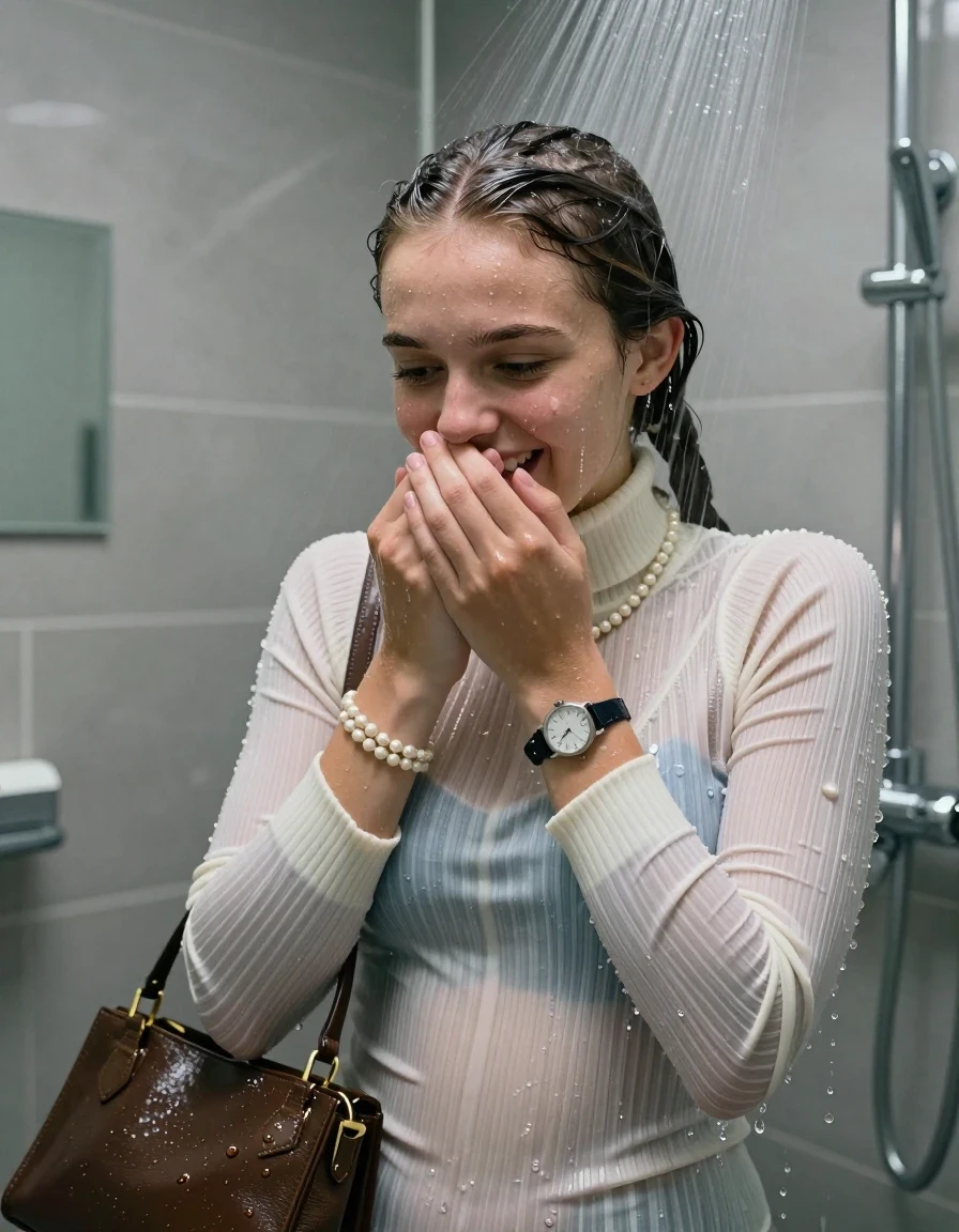 photo of young woman, in soaking wet, drenched clothes,
, ,  tight striped knit turtleneck sweater belly free, handbag, pearl necklace, bracelet, wristwatch, Under the shower, strong jet of water, modern mirrored bathroom, 
enjoying, wet clothes stuck to body,
detailed textures of the wet clothes, wet face, wet plastered hair,
wet, drenched, professional, high-quality details, full body view.
sharp focus, ultra-high pixel detail, realistic, high-quality, full colors, incredibly detailed, 4k, 8k, 16k, hyper-realistic, RAW photo, masterpiece, ultra-detailed, professionally color graded, professional photograph, Two pigtails

15 years old  teenage girl

Only head and shoulders are over the surface visible. Open mouth, big eyes. Looking down. Hold her hand over her mouth and nose.

she is completely underwater up to her neck, shy and awkward but she giggles anyways.

her submerged clothes are hardly vusible under water, she soaked her handbag into the water

close up view, wet skin, wet clothes, wet hair, damp fabric, water runs down the clothes, wet skin, wet clothes, damp fabric., wet skin, wet clothes, damp fabric, wet skin, wet clothes, damp fabric, wet skin, wet clothes, damp fabric, wet skin, wet clothes, damp fabric