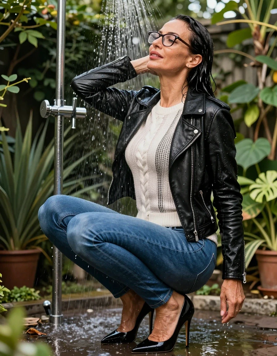 photo of young woman, in soaking wet, drenched clothes,
stlletto shoes, long blue leather jeans, white & black sweater, maxi black byker leather jacket, taking shower in sunny garden, enjoying wet clothes stuck body, enjoying, wet clothes stuck to body, 
enjoying, wet clothes stuck to body,
detailed textures of the wet clothes, wet face, wet plastered hair,
wet, drenched, professional, high-quality details, full body view.
sharp focus, ultra-high pixel detail, realistic, high-quality, full colors, incredibly detailed, 4k, 8k, 16k, hyper-realistic, RAW photo, masterpiece, ultra-detailed, professionally color graded, professional photograph, europen brunette skinny woman 50 years old, long dark black hair, very big and thick lips,  office glasses, complete body, wet skin, wet clothes, damp fabric, wet skin, wet clothes, damp fabric, wet skin, wet clothes, damp fabric, wet skin, wet clothes, damp fabric, wet skin, wet clothes, damp fabric