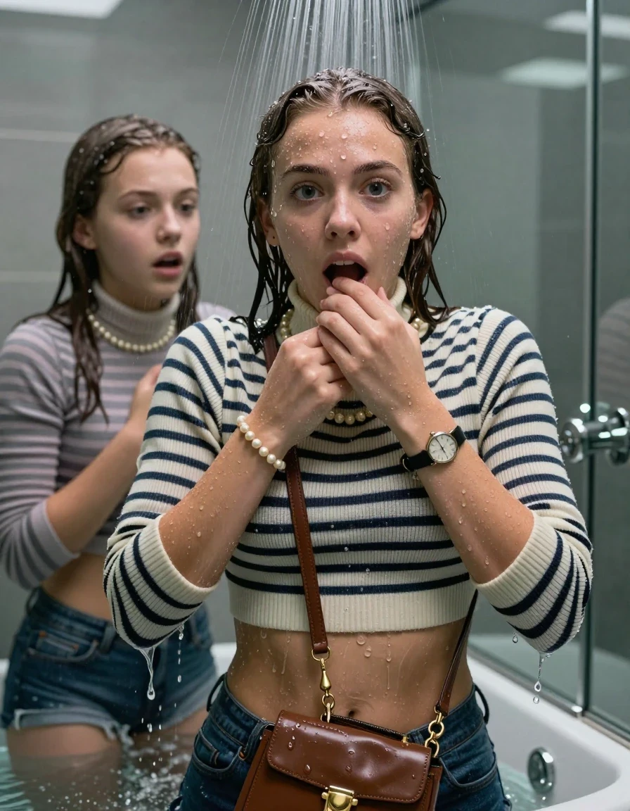 photo of young woman, in soaking wet, drenched clothes,
, , Tight Striped knit turtleneck sweater belly free, handbag, pearl necklace, bracelet, wristwatch, Under the shower, strong jet of water, modern mirrored bathroom, 
enjoying, wet clothes stuck to body,
detailed textures of the wet clothes, wet face, wet plastered hair,
wet, drenched, professional, high-quality details, full body view.
sharp focus, ultra-high pixel detail, realistic, high-quality, full colors, incredibly detailed, 4k, 8k, 16k, hyper-realistic, RAW photo, masterpiece, ultra-detailed, professionally color graded, professional photograph, Collarbone bob

Two 15 years old  teenage girl

Only head and shoulders are over the surface visible. Looking at camera. 

she is completely underwater up to her neck, afraid and astonished expression. Masturbates to orgasm.

her submerged clothes are hardly vusible under water, she soaked her handbag into the water

close up view, wet skin, wet clothes, wet hair, damp fabric, water runs down the clothes, wet skin, wet clothes, damp fabric., wet skin, wet clothes, damp fabric, wet skin, wet clothes, damp fabric, wet skin, wet clothes, damp fabric, wet skin, wet clothes, damp fabric, wet skin, wet clothes, damp fabric, wet skin, wet clothes, damp fabric, wet skin, wet clothes, damp fabric