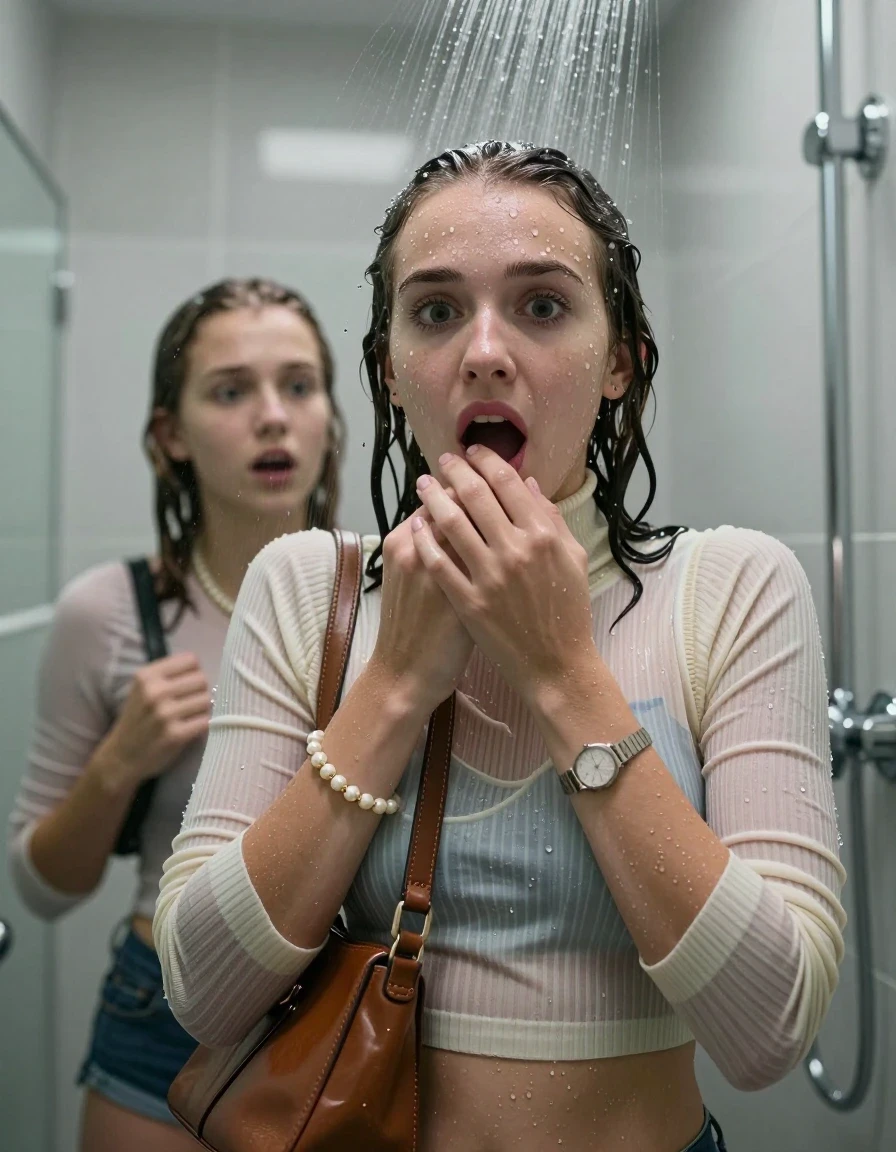 photo of young woman, in soaking wet, drenched clothes,
, , Tight Striped knit turtleneck sweater belly free, handbag, pearl necklace, bracelet, wristwatch, Under the shower, strong jet of water, modern mirrored bathroom, 
enjoying, wet clothes stuck to body,
detailed textures of the wet clothes, wet face, wet plastered hair,
wet, drenched, professional, high-quality details, full body view.
sharp focus, ultra-high pixel detail, realistic, high-quality, full colors, incredibly detailed, 4k, 8k, 16k, hyper-realistic, RAW photo, masterpiece, ultra-detailed, professionally color graded, professional photograph, Collarbone bob

Two 15 years old  teenage girl

Only head and shoulders are over the surface visible. Open mouth, clothed eyes. Looking at camera. 

she is completely underwater up to her neck, afraid and astonished expression. Masturbates to orgasm.

her submerged clothes are hardly vusible under water, she soaked her handbag into the water

close up view, wet skin, wet clothes, wet hair, damp fabric, water runs down the clothes, wet skin, wet clothes, damp fabric., wet skin, wet clothes, damp fabric, wet skin, wet clothes, damp fabric, wet skin, wet clothes, damp fabric, wet skin, wet clothes, damp fabric, wet skin, wet clothes, damp fabric, wet skin, wet clothes, damp fabric, wet skin, wet clothes, damp fabric