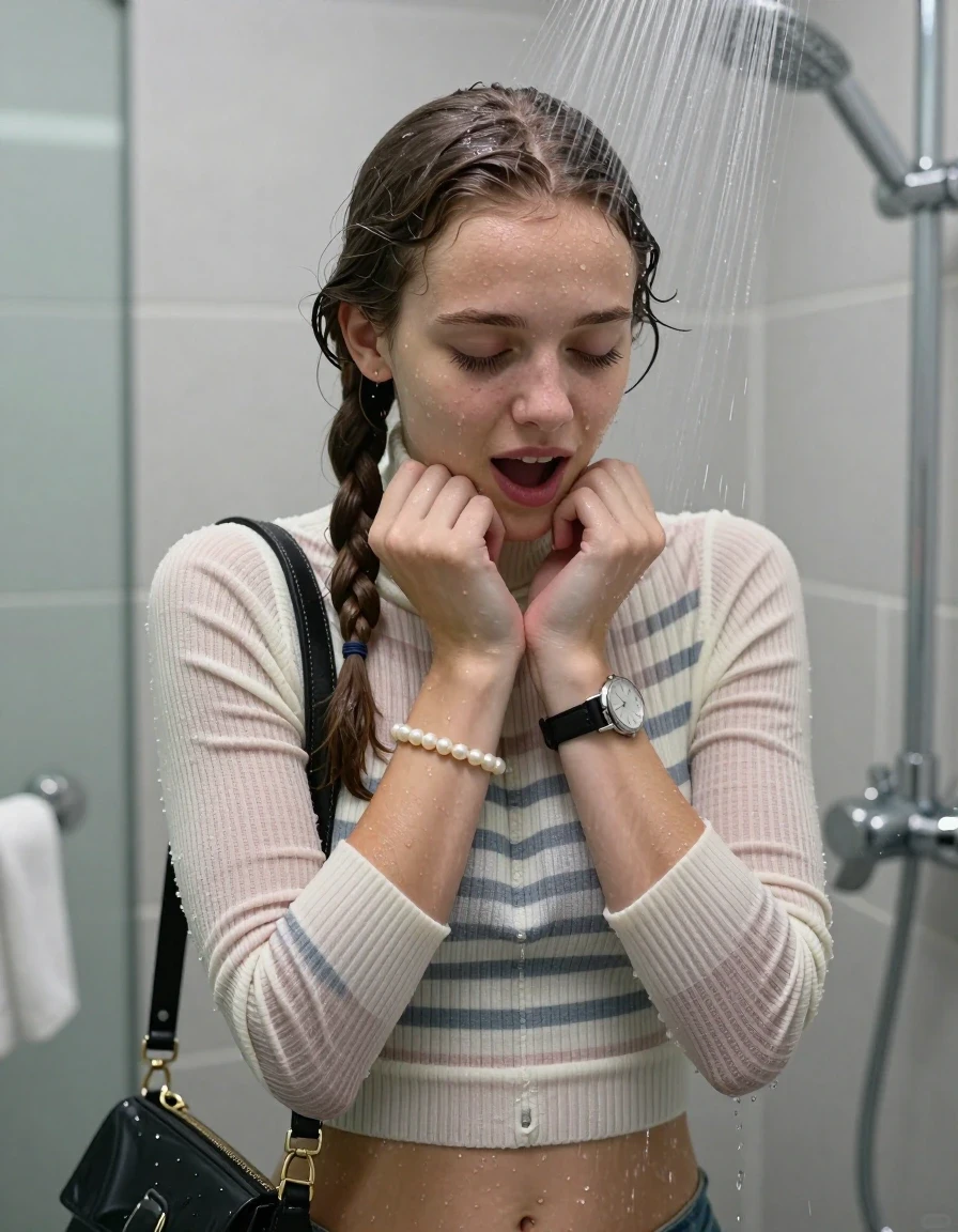 photo of young woman, in soaking wet, drenched clothes,
, ,  tight striped knit turtleneck sweater belly free, handbag, pearl necklace, bracelet, wristwatch, Under the shower, strong jet of water, modern mirrored bathroom, 
enjoying, wet clothes stuck to body,
detailed textures of the wet clothes, wet face, wet plastered hair,
wet, drenched, professional, high-quality details, full body view.
sharp focus, ultra-high pixel detail, realistic, high-quality, full colors, incredibly detailed, 4k, 8k, 16k, hyper-realistic, RAW photo, masterpiece, ultra-detailed, professionally color graded, professional photograph, Two pigtails

15 years old  teenage girl

Only head and shoulders are over the surface visible. Open mouth, closed eyes. Looking down. Hold her hands on her chin.

she is completely underwater up to her neck, afraid and astonished expression but she giggles.  

her submerged clothes are hardly vusible under water, she soaked her handbag into the water

close up view, wet skin, wet clothes, wet hair, damp fabric, water runs down the clothes, wet skin, wet clothes, damp fabric., wet skin, wet clothes, damp fabric, wet skin, wet clothes, damp fabric, wet skin, wet clothes, damp fabric, wet skin, wet clothes, damp fabric