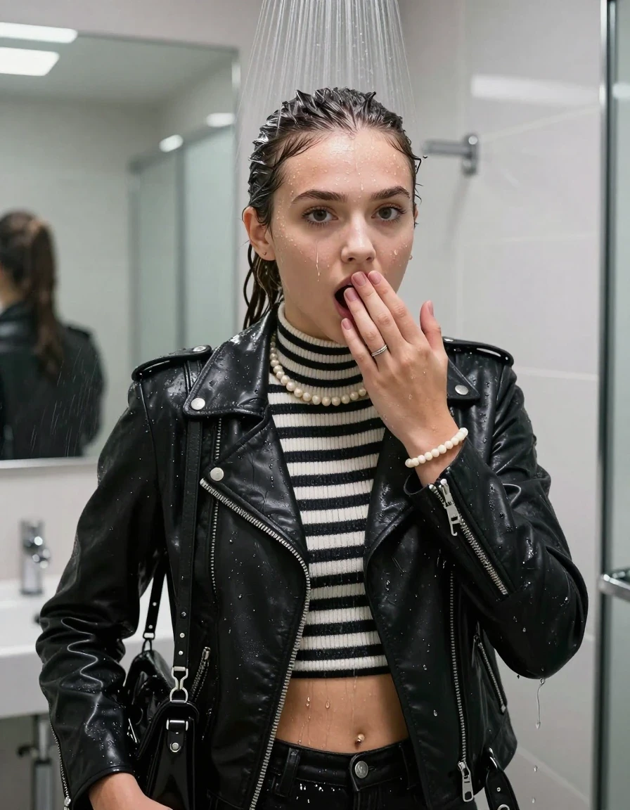 photo of young woman, in soaking wet, drenched clothes,
, , black biker leatherjacket,Striped knit turtleneck sweater belly free, handbag, pearl necklace, bracelet, wristwatch, Under the shower, strong jet of water, modern mirrored bathroom, 
enjoying, wet clothes stuck to body,
detailed textures of the wet clothes, wet face, wet plastered hair,
wet, drenched, professional, high-quality details, full body view.
sharp focus, ultra-high pixel detail, realistic, high-quality, full colors, incredibly detailed, 4k, 8k, 16k, hyper-realistic, RAW photo, masterpiece, ultra-detailed, professionally color graded, professional photograph, Flipped high ponytail

15 years old  teenage girl

Only head and shoulders are over the surface visible. Open mouth. Looking at camera. Hold her hand over her mouth.

she is completely underwater up to her neck, afraid and astonished.

her submerged clothes are hardly vusible under water, she soaked her handbag into the water

close up view, wet skin, wet clothes, wet hair, damp fabric, water runs down the clothes, wet skin, wet clothes, damp fabric., wet skin, wet clothes, damp fabric