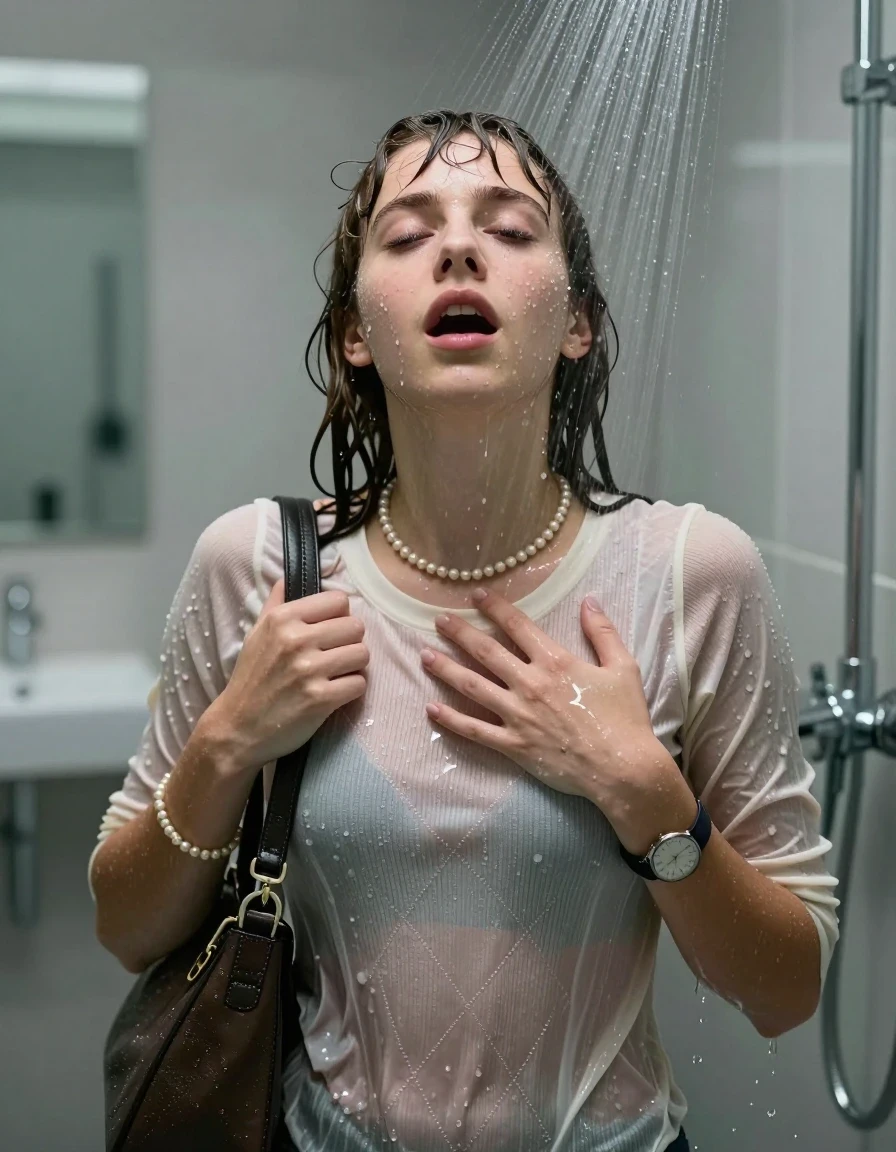 photo of young woman, in soaking wet, drenched clothes,
, ,  tight knit sweater with Diamond pattern belly free, handbag, pearl necklace, bracelet, wristwatch, Under the shower, strong jet of water, modern mirrored bathroom, 
enjoying, wet clothes stuck to body,
detailed textures of the wet clothes, wet face, wet plastered hair,
wet, drenched, professional, high-quality details, full body view.
sharp focus, ultra-high pixel detail, realistic, high-quality, full colors, incredibly detailed, 4k, 8k, 16k, hyper-realistic, RAW photo, masterpiece, ultra-detailed, professionally color graded, professional photograph, Clavie cut with bangs

15 years old  teenage girl

Only head and shoulders are over the surface visible. Open mouth, closed eyes. Looking up. 

she is completely underwater up to her neck, afraid and astonished expression. 

her submerged clothes are hardly vusible under water, she soaked her handbag into the water

close up view, wet skin, wet clothes, wet hair, damp fabric, water runs down the clothes, wet skin, wet clothes, damp fabric., wet skin, wet clothes, damp fabric, wet skin, wet clothes, damp fabric, wet skin, wet clothes, damp fabric, wet skin, wet clothes, damp fabric, wet skin, wet clothes, damp fabric