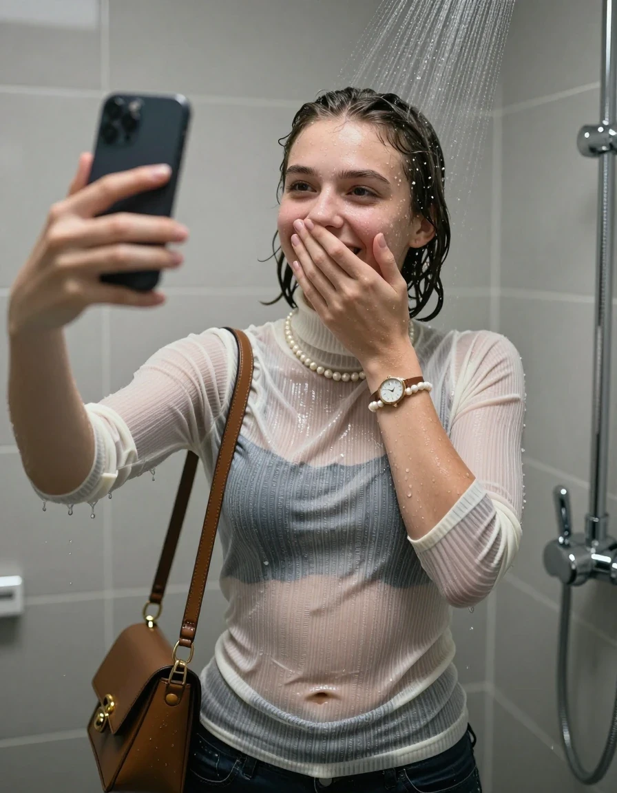 photo of young woman, in soaking wet, drenched clothes,
, ,  tight striped knit turtleneck sweater belly free, handbag, pearl necklace, bracelet, wristwatch, Under the shower, strong jet of water, modern mirrored bathroom, 
enjoying, wet clothes stuck to body,
detailed textures of the wet clothes, wet face, wet plastered hair,
wet, drenched, professional, high-quality details, full body view.
sharp focus, ultra-high pixel detail, realistic, high-quality, full colors, incredibly detailed, 4k, 8k, 16k, hyper-realistic, RAW photo, masterpiece, ultra-detailed, professionally color graded, professional photograph, Blunt bob 

15 years old  teenage girl

Only head and shoulders are over the surface visible. Open mouth. Looking slightly at camera. Cover her mouth and nose with a hand. Take a Selfie with her Smartphone.

she is completely underwater up to her neck, shy and awkward but she giggles anyways.

her submerged clothes are hardly vusible under water, she soaked her handbag into the water

close up view, wet skin, wet clothes, wet hair, damp fabric, water runs down the clothes, wet skin, wet clothes, damp fabric., wet skin, wet clothes, damp fabric, wet skin, wet clothes, damp fabric, wet skin, wet clothes, damp fabric, wet skin, wet clothes, damp fabric