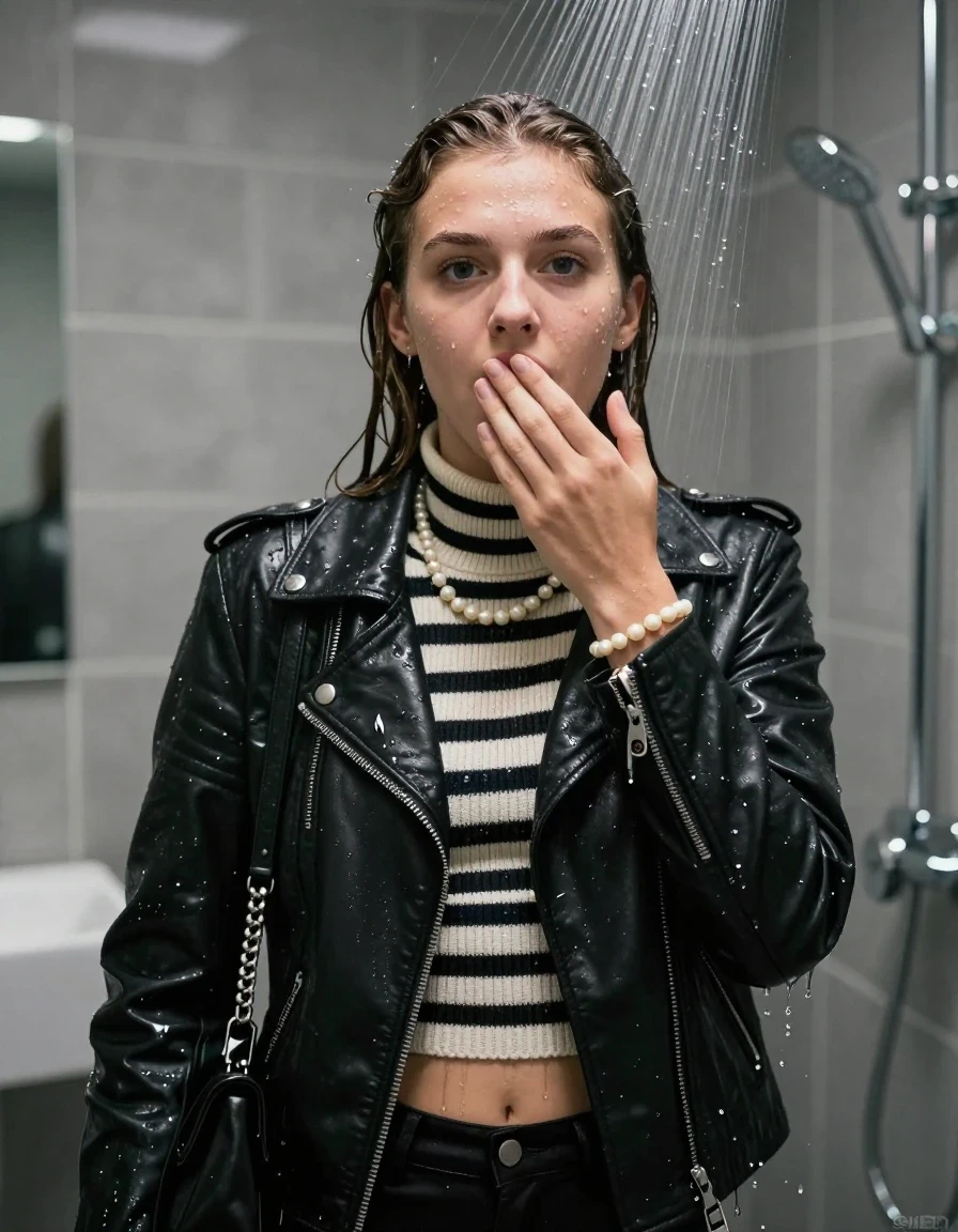 photo of young woman, in soaking wet, drenched clothes,
, , black biker leatherjacket,Striped knit turtleneck sweater belly free, handbag, pearl necklace, bracelet, wristwatch, Under the shower, strong jet of water, modern mirrored bathroom, 
enjoying, wet clothes stuck to body,
detailed textures of the wet clothes, wet face, wet plastered hair,
wet, drenched, professional, high-quality details, full body view.
sharp focus, ultra-high pixel detail, realistic, high-quality, full colors, incredibly detailed, 4k, 8k, 16k, hyper-realistic, RAW photo, masterpiece, ultra-detailed, professionally color graded, professional photograph, Collarbone bob

15 years old  teenage girl

Only head and shoulders are over the surface visible. Open mouth. Looking at camera. Hold her hand over her mouth.

she is completely underwater up to her neck, afraid and astonished.

her submerged clothes are hardly vusible under water, she soaked her handbag into the water

close up view, wet skin, wet clothes, wet hair, damp fabric, water runs down the clothes, wet skin, wet clothes, damp fabric., wet skin, wet clothes, damp fabric