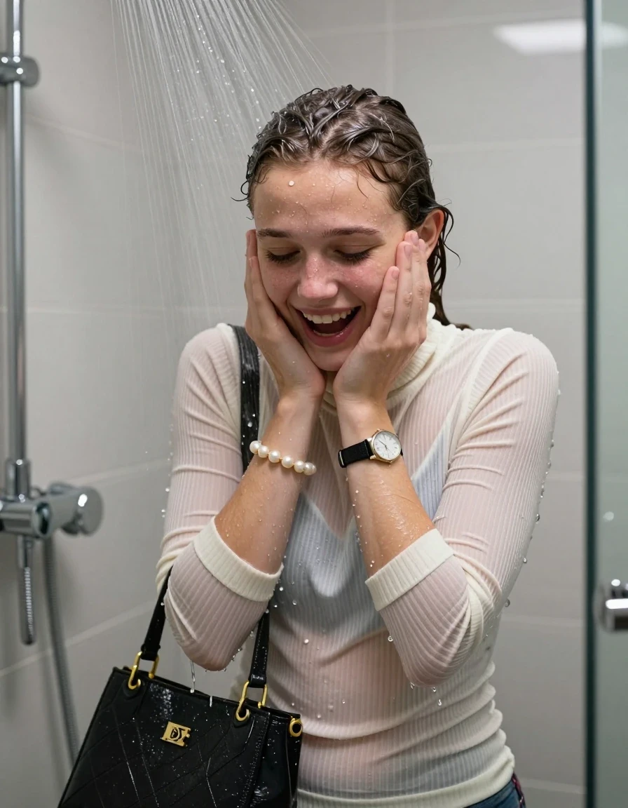 photo of young woman, in soaking wet, drenched clothes,
, ,  tight striped knit turtleneck sweater belly free, handbag, pearl necklace, bracelet, wristwatch, Under the shower, strong jet of water, modern mirrored bathroom, 
enjoying, wet clothes stuck to body,
detailed textures of the wet clothes, wet face, wet plastered hair,
wet, drenched, professional, high-quality details, full body view.
sharp focus, ultra-high pixel detail, realistic, high-quality, full colors, incredibly detailed, 4k, 8k, 16k, hyper-realistic, RAW photo, masterpiece, ultra-detailed, professionally color graded, professional photograph, Half bun

15 years old  teenage girl

Only head and shoulders are over the surface visible. Open mouth, closed eyes. Looking down. Hold her hands on her chin.

she is completely underwater up to her neck, afraid and astonished expression but she giggles.  

her submerged clothes are hardly vusible under water, she soaked her handbag into the water

close up view, wet skin, wet clothes, wet hair, damp fabric, water runs down the clothes, wet skin, wet clothes, damp fabric., wet skin, wet clothes, damp fabric, wet skin, wet clothes, damp fabric, wet skin, wet clothes, damp fabric, wet skin, wet clothes, damp fabric, wet skin, wet clothes, damp fabric