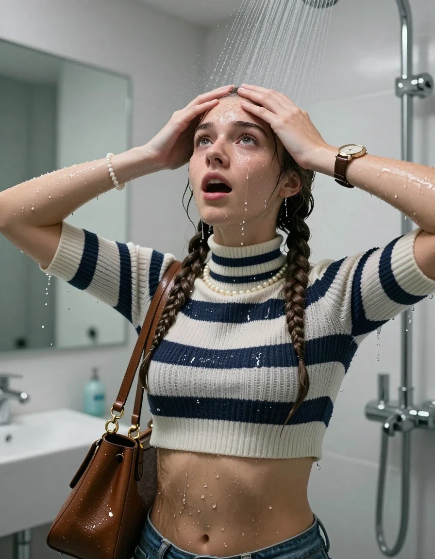 photo of young woman, in soaking wet, drenched clothes,
, , Striped knit turtleneck sweater belly free, handbag, pearl necklace, bracelet, wristwatch, Under the shower, strong jet of water, modern mirrored bathroom, 
enjoying, wet clothes stuck to body,
detailed textures of the wet clothes, wet face, wet plastered hair,
wet, drenched, professional, high-quality details, full body view.
sharp focus, ultra-high pixel detail, realistic, high-quality, full colors, incredibly detailed, 4k, 8k, 16k, hyper-realistic, RAW photo, masterpiece, ultra-detailed, professionally color graded, professional photograph, Sleek Boxer braids 

15 years old  teenage girl

Only head and shoulders are over the surface visible. Open mouth, closed eyes. Looking up. Hold her hands over her forehead.

she is completely underwater up to her neck, afraid and astonished expression. 

her submerged clothes are hardly vusible under water, she soaked her handbag into the water

close up view, wet skin, wet clothes, wet hair, damp fabric, water runs down the clothes, wet skin, wet clothes., wet skin, wet clothes, damp fabric