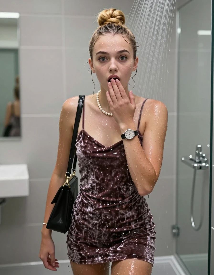 photo of young woman, in soaking wet, drenched clothes,
, , Velvet mini Cocktail dress with Spaghetti Straps , shoulderbag, pearl necklace, bracelet, wristwatch, Under the shower, strong jet of water, modern mirrored bathroom, 
enjoying, wet clothes stuck to body,
detailed textures of the wet clothes, wet face, wet plastered hair,
wet, drenched, professional, high-quality details, full body view.
sharp focus, ultra-high pixel detail, realistic, high-quality, full colors, incredibly detailed, 4k, 8k, 16k, hyper-realistic, RAW photo, masterpiece, ultra-detailed, professionally color graded, professional photograph, Blonde Topknot

15 years old  teenage girl

Only head and shoulders are over the surface visible. Open mouth, big eyes. Looking at Camera . Hold her hand on her mouth.

she is completely underwater up to her neck, surprised and astonished expression. 

her submerged clothes are hardly vusible under water, she soaked her handbag into the water

close up view, wet skin, wet clothes, wet hair, damp fabric, water runs down the clothes, wet skin, wet clothes, damp fabric., wet skin, wet clothes, damp fabric, wet skin, wet clothes, damp fabric, wet skin, wet clothes, damp fabric, wet skin, wet clothes, damp fabric, wet skin, wet clothes, damp fabric, wet skin, wet clothes, damp fabric, wet skin, wet clothes, damp fabric, wet skin, wet clothes, damp fabric