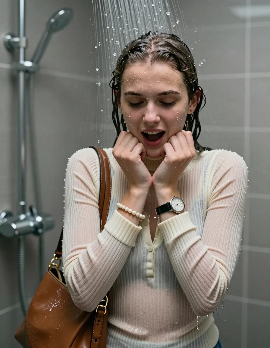 photo of young woman, in soaking wet, drenched clothes,
, ,  tight striped knit turtleneck sweater belly free, handbag, pearl necklace, bracelet, wristwatch, Under the shower, strong jet of water, modern mirrored bathroom, 
enjoying, wet clothes stuck to body,
detailed textures of the wet clothes, wet face, wet plastered hair,
wet, drenched, professional, high-quality details, full body view.
sharp focus, ultra-high pixel detail, realistic, high-quality, full colors, incredibly detailed, 4k, 8k, 16k, hyper-realistic, RAW photo, masterpiece, ultra-detailed, professionally color graded, professional photograph, Cowgirl cut

15 years old  teenage girl

Only head and shoulders are over the surface visible. Open mouth, closed eyes. Looking down. Hold her hands on her chin.

she is completely underwater up to her neck, afraid and astonished expression but she giggles.  

her submerged clothes are hardly vusible under water, she soaked her handbag into the water

close up view, wet skin, wet clothes, wet hair, damp fabric, water runs down the clothes, wet skin, wet clothes, damp fabric., wet skin, wet clothes, damp fabric, wet skin, wet clothes, damp fabric, wet skin, wet clothes, damp fabric, wet skin, wet clothes, damp fabric, wet skin, wet clothes, damp fabric