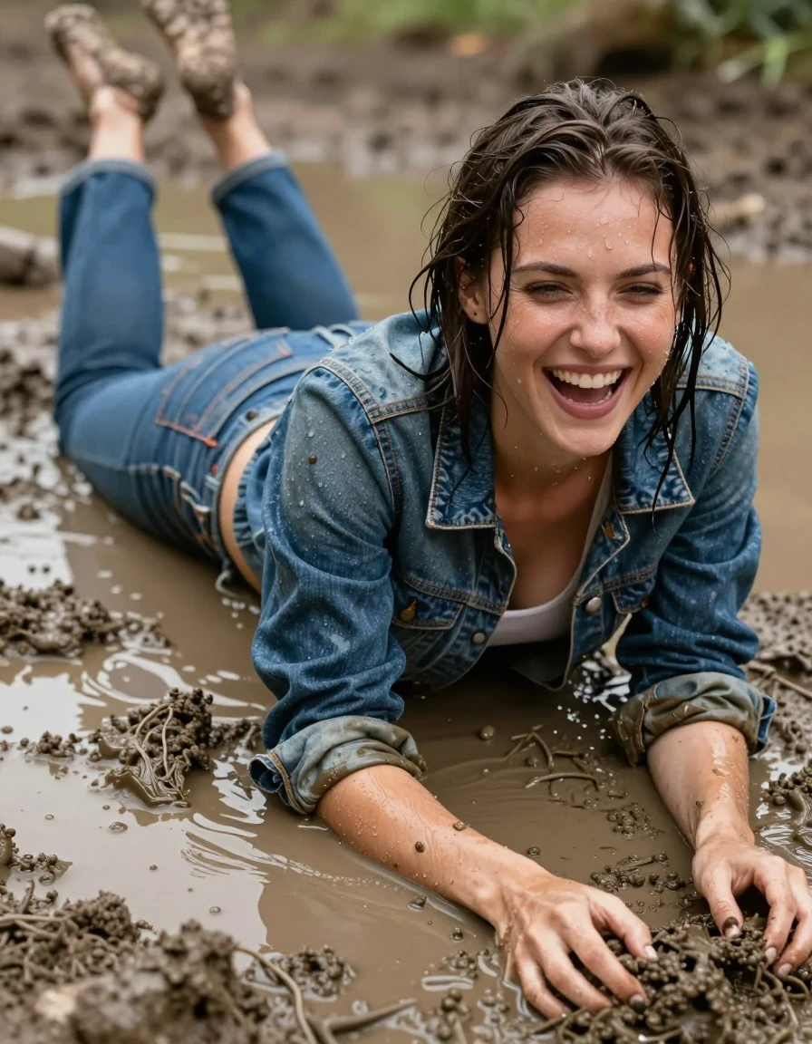 photo of young woman, in soaking wet, drenched clothes,
, jeans, Levis Open jacket, Muddy pool lying dive behind, 
enjoying, wet clothes stuck to body,
detailed textures of the wet clothes, wet face, wet plastered hair,
wet, drenched, professional, high-quality details, full body view.
sharp focus, ultra-high pixel detail, realistic, high-quality, full colors, incredibly detailed, 4k, 8k, 16k, hyper-realistic, RAW photo, masterpiece, ultra-detailed, professionally color graded, professional photograph, Lauthing muddy clothes, wet skin, wet clothes, damp fabric