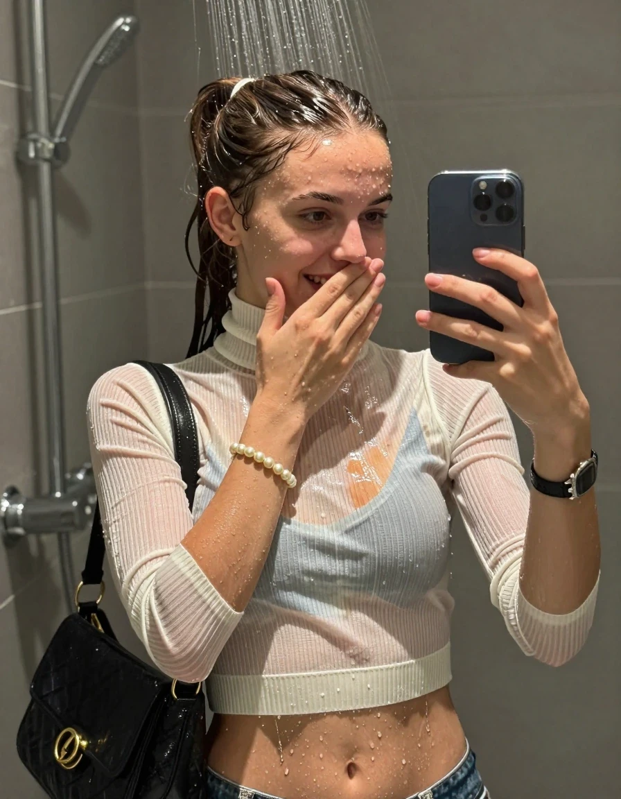 photo of young woman, in soaking wet, drenched clothes,
, ,  tight striped knit turtleneck sweater belly free, handbag, pearl necklace, bracelet, wristwatch, Under the shower, strong jet of water, modern mirrored bathroom, 
enjoying, wet clothes stuck to body,
detailed textures of the wet clothes, wet face, wet plastered hair,
wet, drenched, professional, high-quality details, full body view.
sharp focus, ultra-high pixel detail, realistic, high-quality, full colors, incredibly detailed, 4k, 8k, 16k, hyper-realistic, RAW photo, masterpiece, ultra-detailed, professionally color graded, professional photograph, Flipped high ponytail 

15 years old  teenage girl

Only head and shoulders are over the surface visible. Open mouth. Looking slightly at camera. Cover her mouth and nose with a hand. Take a Selfie with her Smartphone.

she is completely underwater up to her neck, shy and awkward but she giggles anyways.

her submerged clothes are hardly vusible under water, she soaked her handbag into the water

close up view, wet skin, wet clothes, wet hair, damp fabric, water runs down the clothes, wet skin, wet clothes, damp fabric., wet skin, wet clothes, damp fabric, wet skin, wet clothes, damp fabric, wet skin, wet clothes, damp fabric, wet skin, wet clothes, damp fabric, wet skin, wet clothes, damp fabric