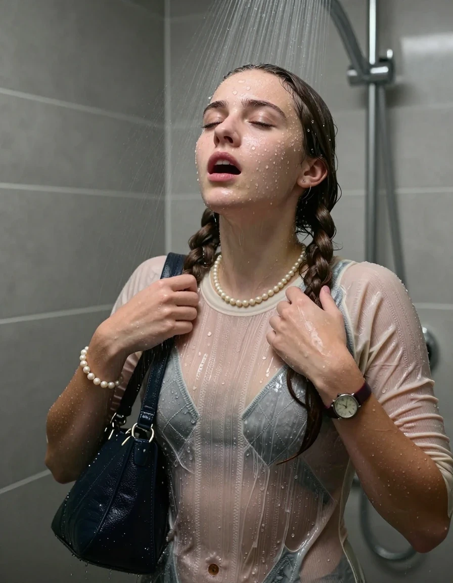 photo of young woman, in soaking wet, drenched clothes,
, ,  tight knit sweater with Diamond pattern belly free, handbag, pearl necklace, bracelet, wristwatch, Under the shower, strong jet of water, modern mirrored bathroom, 
enjoying, wet clothes stuck to body,
detailed textures of the wet clothes, wet face, wet plastered hair,
wet, drenched, professional, high-quality details, full body view.
sharp focus, ultra-high pixel detail, realistic, high-quality, full colors, incredibly detailed, 4k, 8k, 16k, hyper-realistic, RAW photo, masterpiece, ultra-detailed, professionally color graded, professional photograph, Two pigtails

15 years old  teenage girl

Only head and shoulders are over the surface visible. Open mouth, closed eyes. Looking up. 

she is completely underwater up to her neck, afraid and astonished expression. 

her submerged clothes are hardly vusible under water, she soaked her handbag into the water

close up view, wet skin, wet clothes, wet hair, damp fabric, water runs down the clothes, wet skin, wet clothes, damp fabric., wet skin, wet clothes, damp fabric, wet skin, wet clothes, damp fabric, wet skin, wet clothes, damp fabric, wet skin, wet clothes, damp fabric, wet skin, wet clothes, damp fabric
