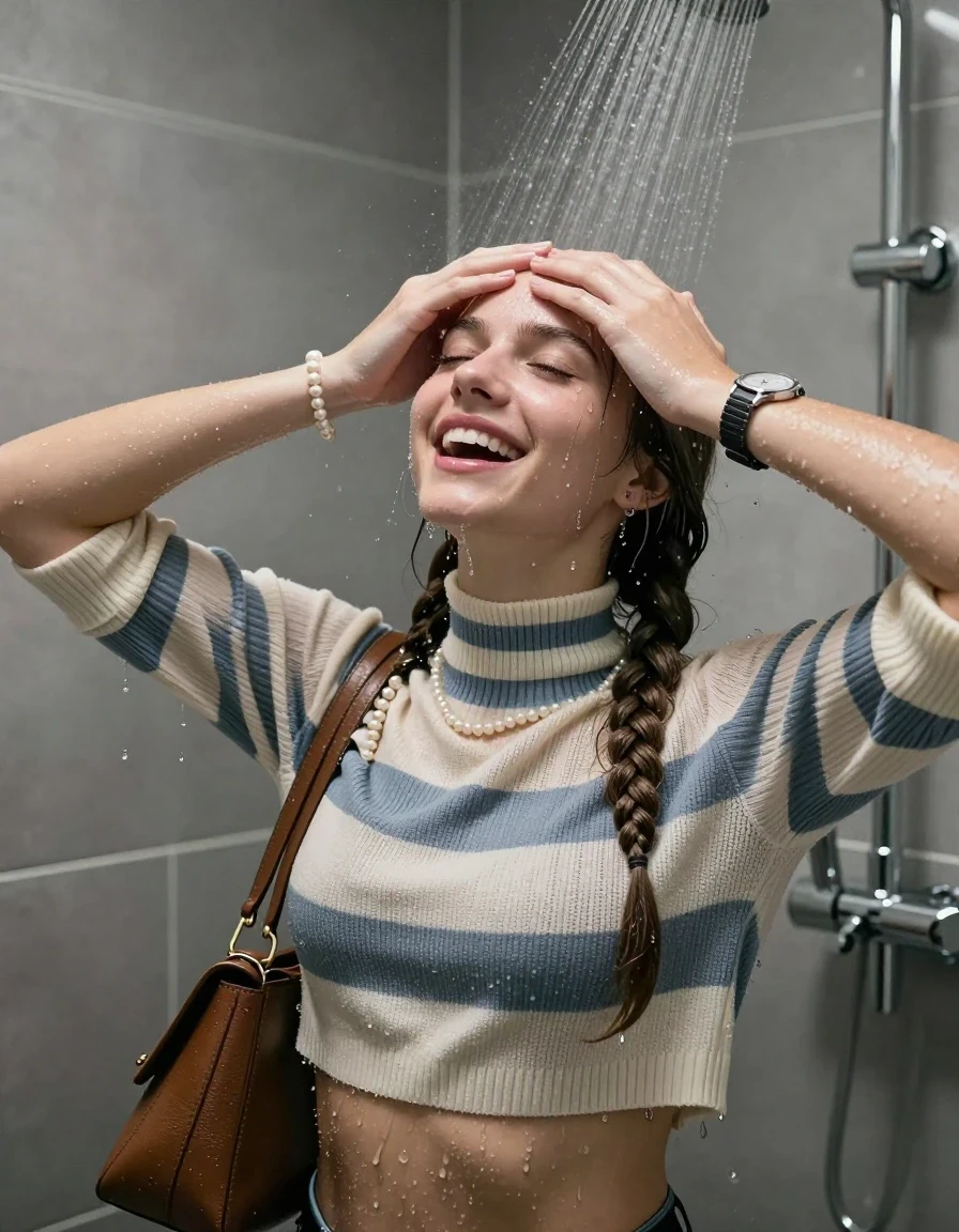 photo of young woman, in soaking wet, drenched clothes,
, , Striped knit turtleneck sweater belly free, handbag, pearl necklace, bracelet, wristwatch, Under the shower, strong jet of water, modern mirrored bathroom, 
enjoying, wet clothes stuck to body,
detailed textures of the wet clothes, wet face, wet plastered hair,
wet, drenched, professional, high-quality details, full body view.
sharp focus, ultra-high pixel detail, realistic, high-quality, full colors, incredibly detailed, 4k, 8k, 16k, hyper-realistic, RAW photo, masterpiece, ultra-detailed, professionally color graded, professional photograph, Sleek Boxer braids 

15 years old  teenage girl

Only head and shoulders are over the surface visible. Open mouth, closed eyes. Looking up. Hold her hands over her forehead.

she is completely underwater up to her neck, shy and awkward but she giggles anyways. 

her submerged clothes are hardly vusible under water, she soaked her handbag into the water

close up view, wet skin, wet clothes, wet hair, damp fabric, water runs down the clothes, wet skin, wet clothes., wet skin, wet clothes, damp fabric