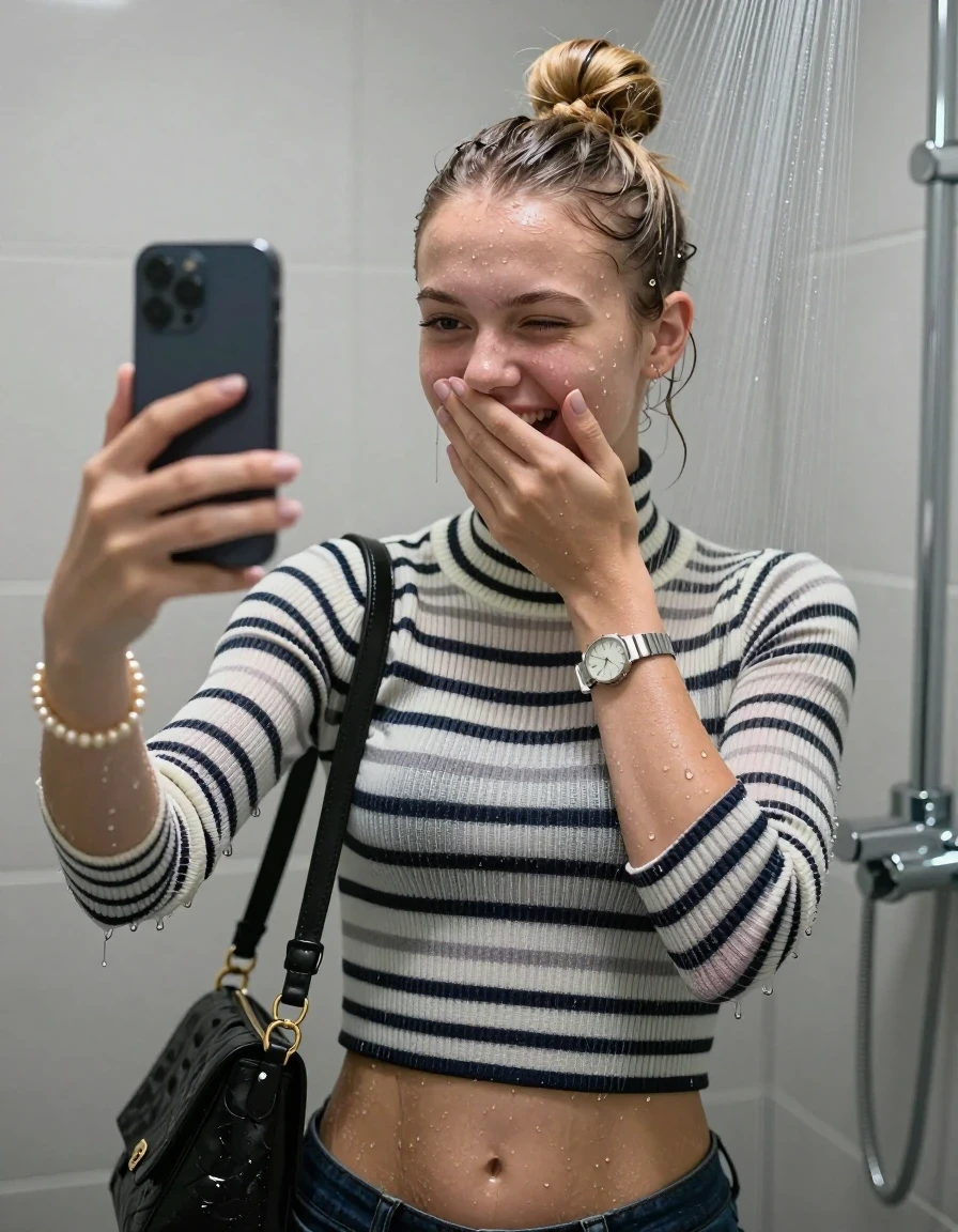 photo of young woman, in soaking wet, drenched clothes,
, ,  tight striped knit turtleneck sweater belly free, handbag, pearl necklace, bracelet, wristwatch, Under the shower, strong jet of water, modern mirrored bathroom, 
enjoying, wet clothes stuck to body,
detailed textures of the wet clothes, wet face, wet plastered hair,
wet, drenched, professional, high-quality details, full body view.
sharp focus, ultra-high pixel detail, realistic, high-quality, full colors, incredibly detailed, 4k, 8k, 16k, hyper-realistic, RAW photo, masterpiece, ultra-detailed, professionally color graded, professional photograph, Blonde Topknot

15 years old  teenage girl

Only head and shoulders are over the surface visible. Open mouth, half closed eyes. Looking slightly at camera. Cover her mouth and nose with a hand. Take a Selfie with her Smartphone.

she is completely underwater up to her neck, shy and awkward but she giggles anyways.

her submerged clothes are hardly vusible under water, she soaked her handbag into the water

close up view, wet skin, wet clothes, wet hair, damp fabric, water runs down the clothes, wet skin, wet clothes, damp fabric., wet skin, wet clothes, damp fabric, wet skin, wet clothes, damp fabric, wet skin, wet clothes, damp fabric, wet skin, wet clothes, damp fabric