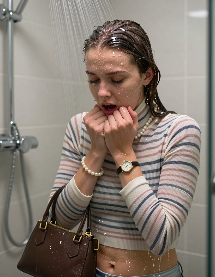 photo of young woman, in soaking wet, drenched clothes,
, ,  tight striped knit turtleneck sweater belly free, handbag, pearl necklace, bracelet, wristwatch, Under the shower, strong jet of water, modern mirrored bathroom, 
enjoying, wet clothes stuck to body,
detailed textures of the wet clothes, wet face, wet plastered hair,
wet, drenched, professional, high-quality details, full body view.
sharp focus, ultra-high pixel detail, realistic, high-quality, full colors, incredibly detailed, 4k, 8k, 16k, hyper-realistic, RAW photo, masterpiece, ultra-detailed, professionally color graded, professional photograph, Clavie cut

15 years old  teenage girl

Only head and shoulders are over the surface visible. Open mouth, closed eyes. Looking down. Hold her hands on her chin.

she is completely underwater up to her neck, afraid and astonished expression. 

her submerged clothes are hardly vusible under water, she soaked her handbag into the water

close up view, wet skin, wet clothes, wet hair, damp fabric, water runs down the clothes, wet skin, wet clothes, damp fabric., wet skin, wet clothes, damp fabric, wet skin, wet clothes, damp fabric, wet skin, wet clothes, damp fabric, wet skin, wet clothes, damp fabric