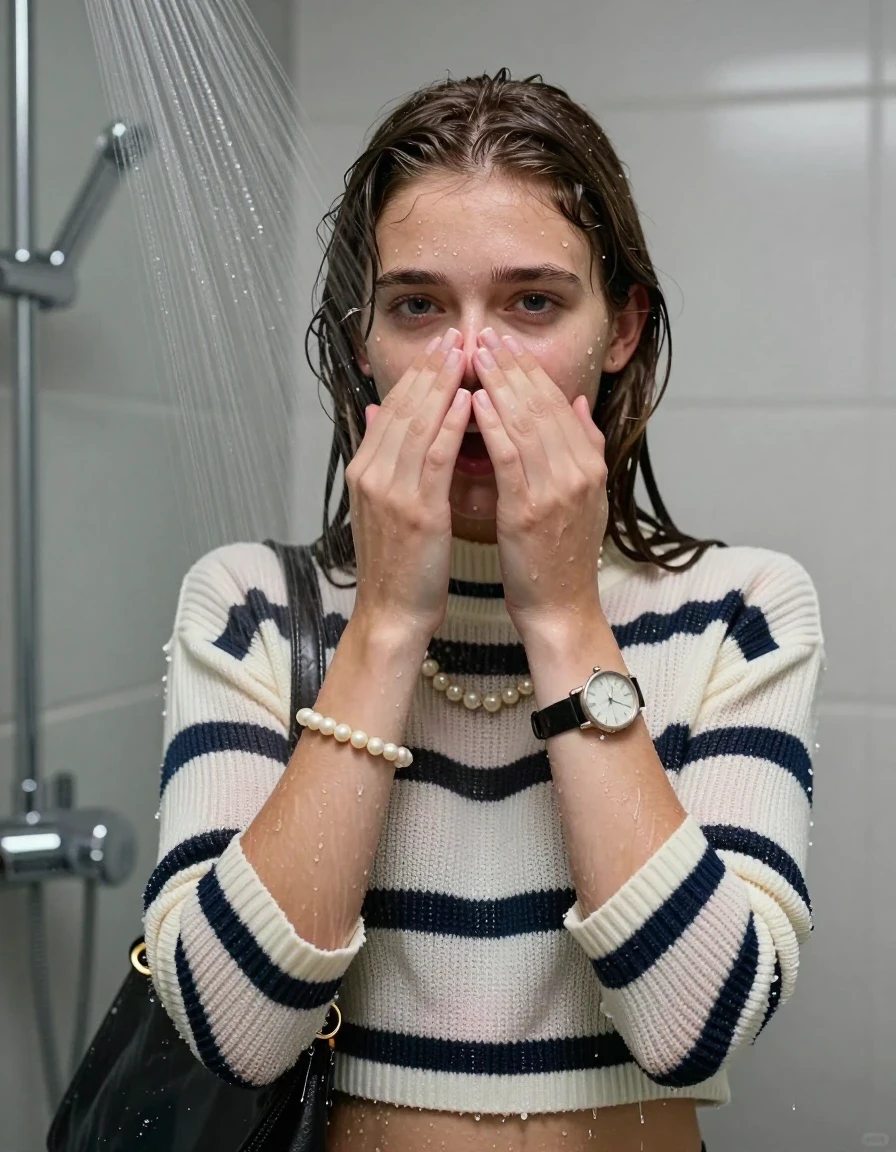 photo of young woman, in soaking wet, drenched clothes,
, , Striped knit turtleneck sweater belly free, handbag, pearl necklace, bracelet, wristwatch, Under the shower, strong jet of water, modern mirrored bathroom, 
enjoying, wet clothes stuck to body,
detailed textures of the wet clothes, wet face, wet plastered hair,
wet, drenched, professional, high-quality details, full body view.
sharp focus, ultra-high pixel detail, realistic, high-quality, full colors, incredibly detailed, 4k, 8k, 16k, hyper-realistic, RAW photo, masterpiece, ultra-detailed, professionally color graded, professional photograph, Sleek long bob with bangs

15 years old  teenage girl

Only head and shoulders are over the surface visible. Open mouth. Looking at camera. Hold her hands over her nose.

she is completely underwater up to her neck, shy and awkward but she giggles anyways. 

her submerged clothes are hardly vusible under water, she soaked her handbag into the water

close up view, wet skin, wet clothes, wet hair, damp fabric, water runs down the clothes, wet skin, wet clothes., wet skin, wet clothes, damp fabric, wet skin, wet clothes, damp fabric